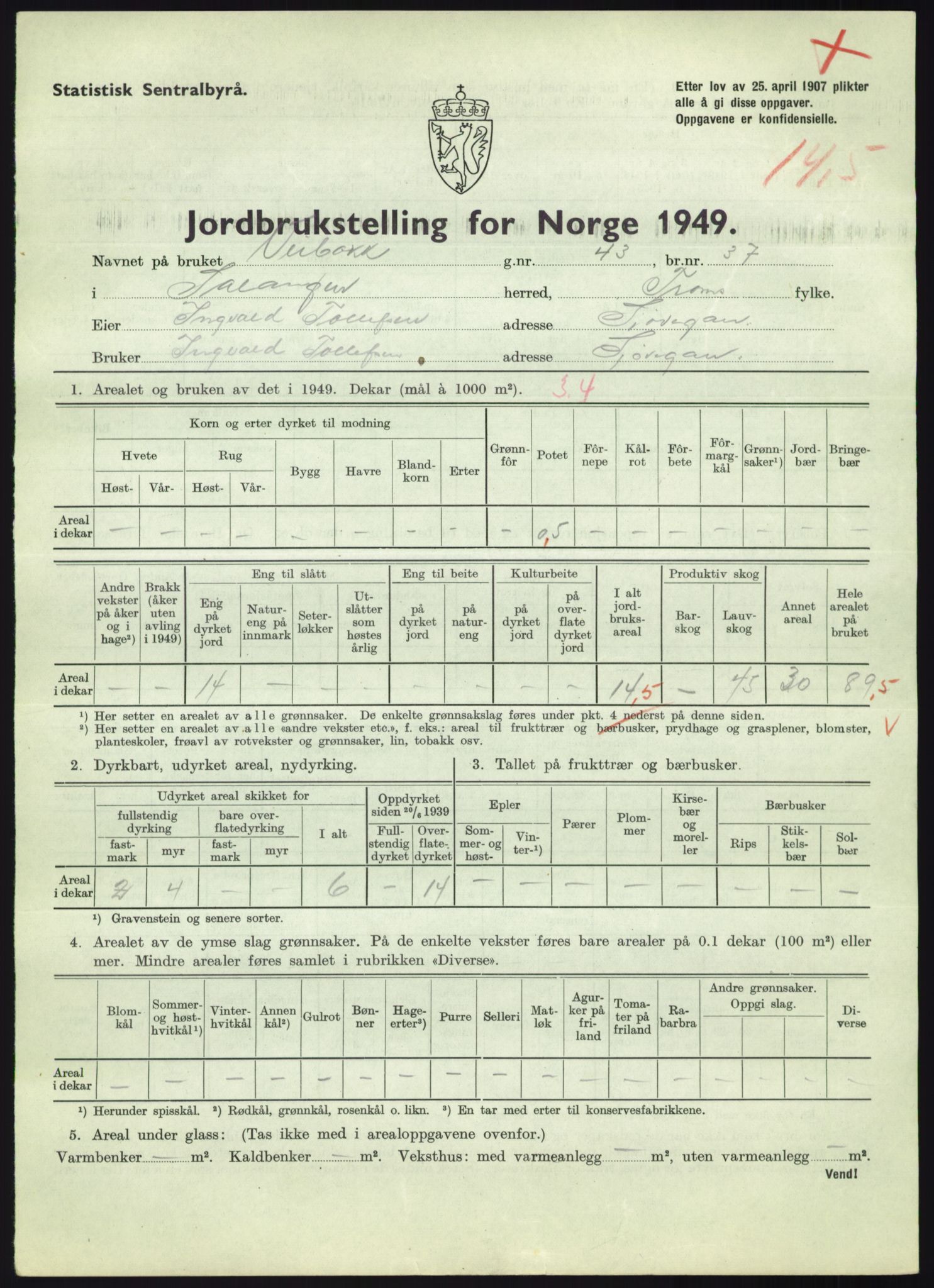 Statistisk sentralbyrå, Næringsøkonomiske emner, Jordbruk, skogbruk, jakt, fiske og fangst, AV/RA-S-2234/G/Gc/L0438: Troms: Salangen og Bardu, 1949, p. 379