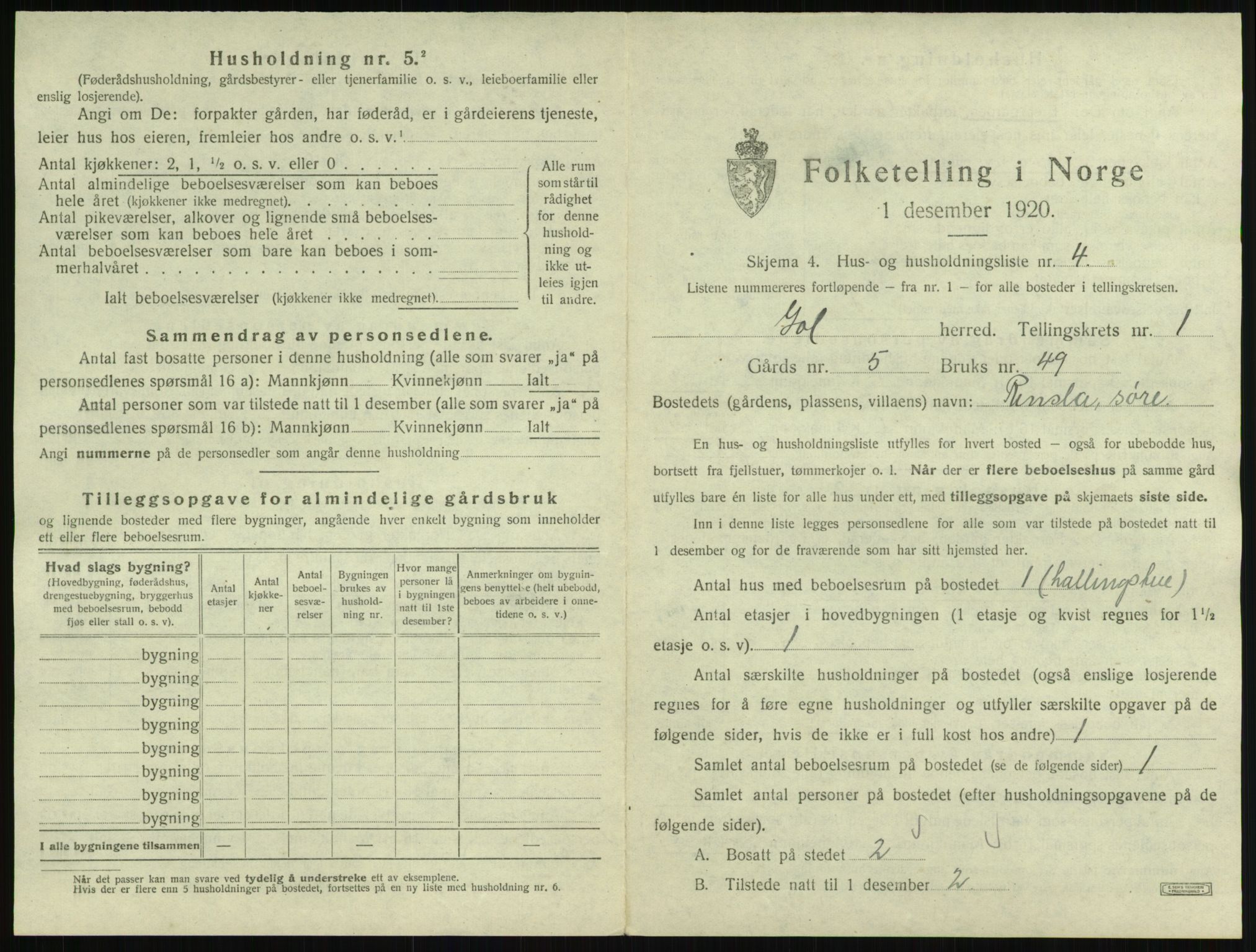 SAKO, 1920 census for Gol, 1920, p. 34