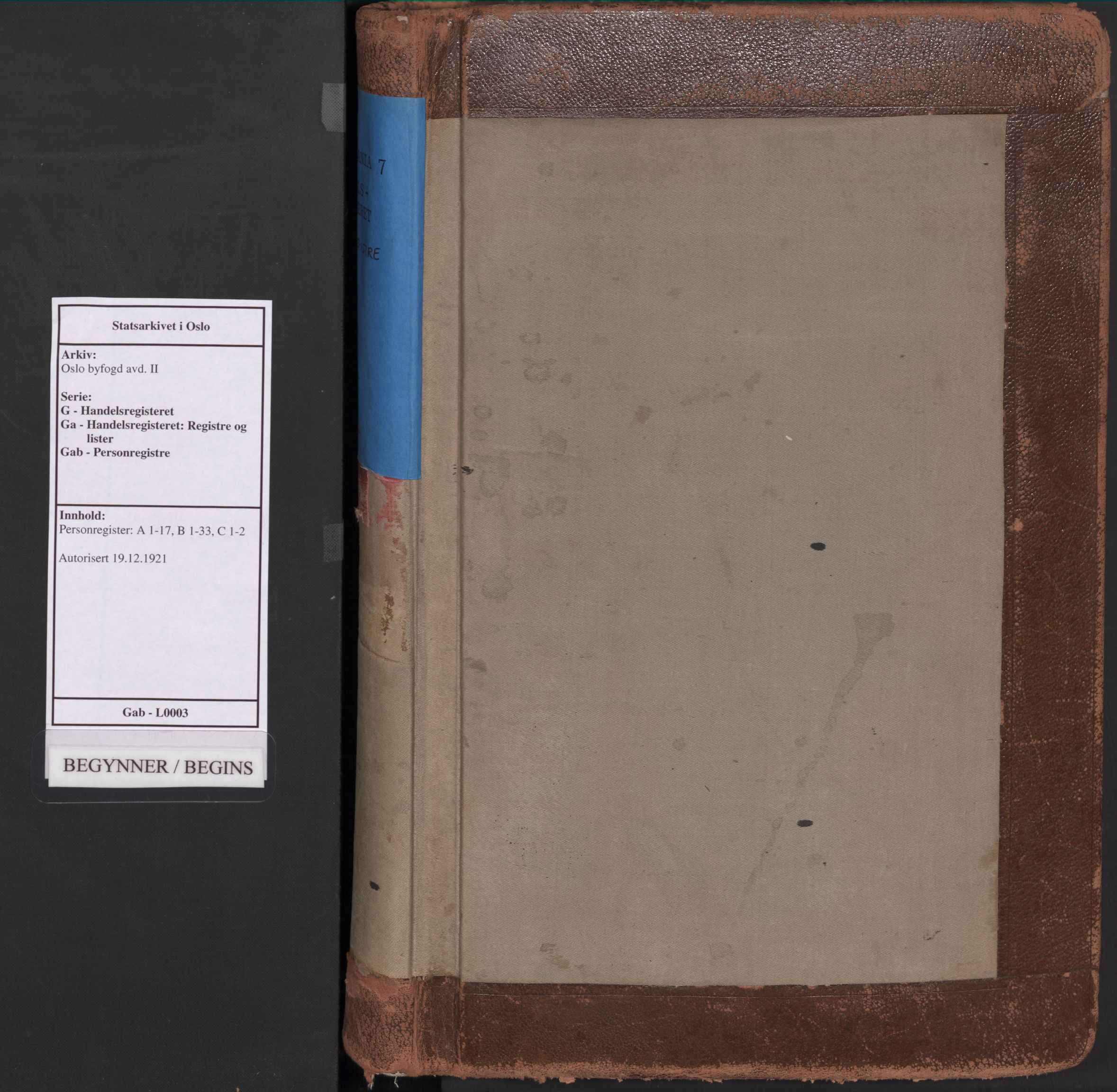 Oslo byfogd avd. II, AV/SAO-A-10942/G/Ga/Gab/L0003: Personregister: A 1-17, B 1-33, C 1-2, 1921