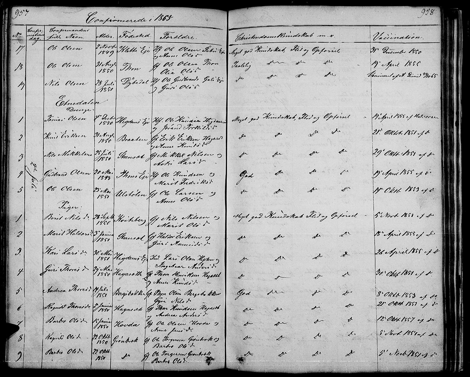 Nord-Aurdal prestekontor, SAH/PREST-132/H/Ha/Hab/L0001: Parish register (copy) no. 1, 1834-1887, p. 957-958