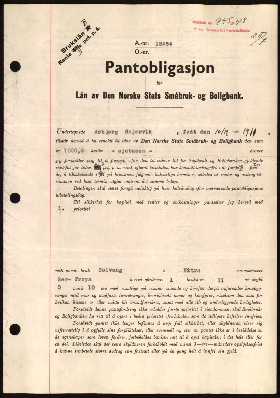 Hitra sorenskriveri, AV/SAT-A-0018/2/2C/2Ca: Mortgage book no. B1, 1939-1949, Diary no: : 945/1948