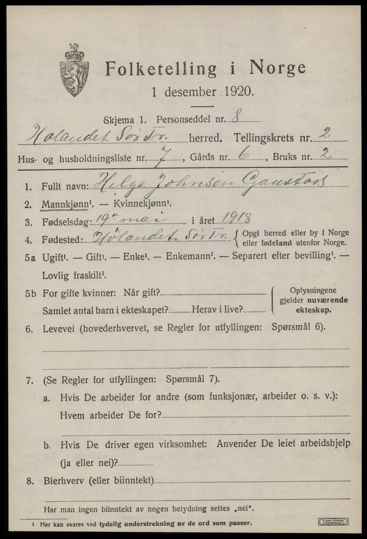 SAT, 1920 census for Hølonda, 1920, p. 607