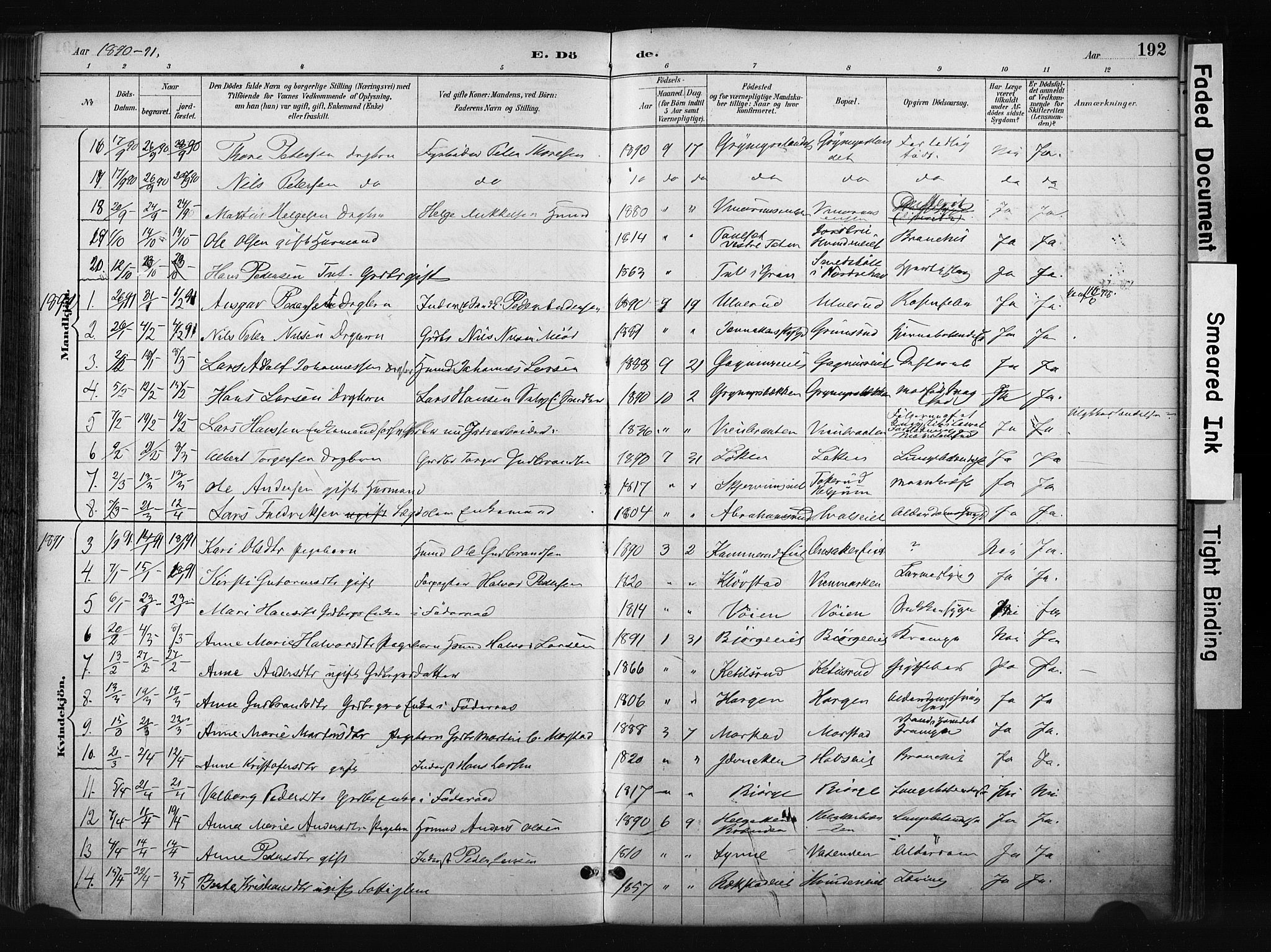 Gran prestekontor, SAH/PREST-112/H/Ha/Haa/L0017: Parish register (official) no. 17, 1889-1897, p. 192