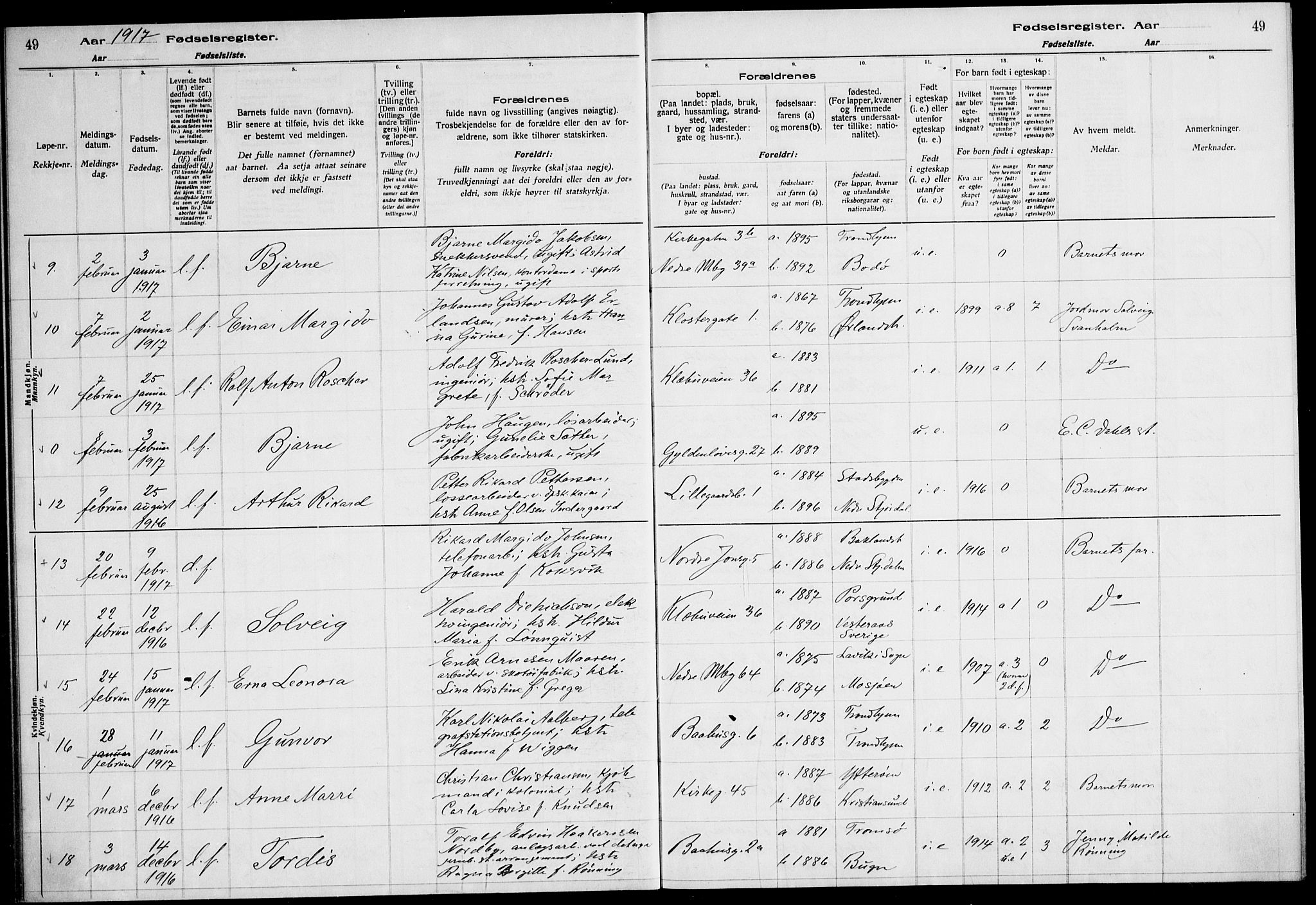 Ministerialprotokoller, klokkerbøker og fødselsregistre - Sør-Trøndelag, AV/SAT-A-1456/604/L0232: Birth register no. 604.II.4.1, 1916-1920, p. 49