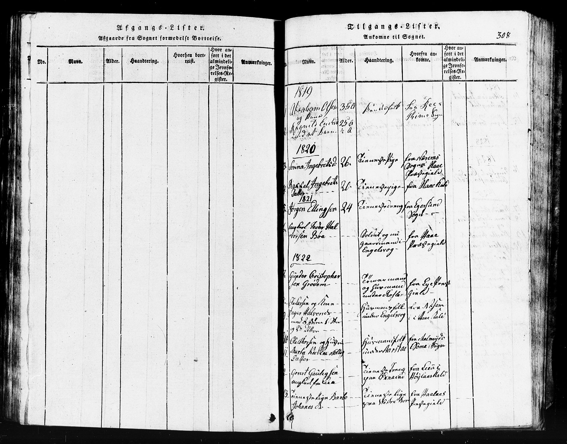 Klepp sokneprestkontor, SAST/A-101803/001/3/30BB/L0001: Parish register (copy) no.  B 1, 1816-1859, p. 308