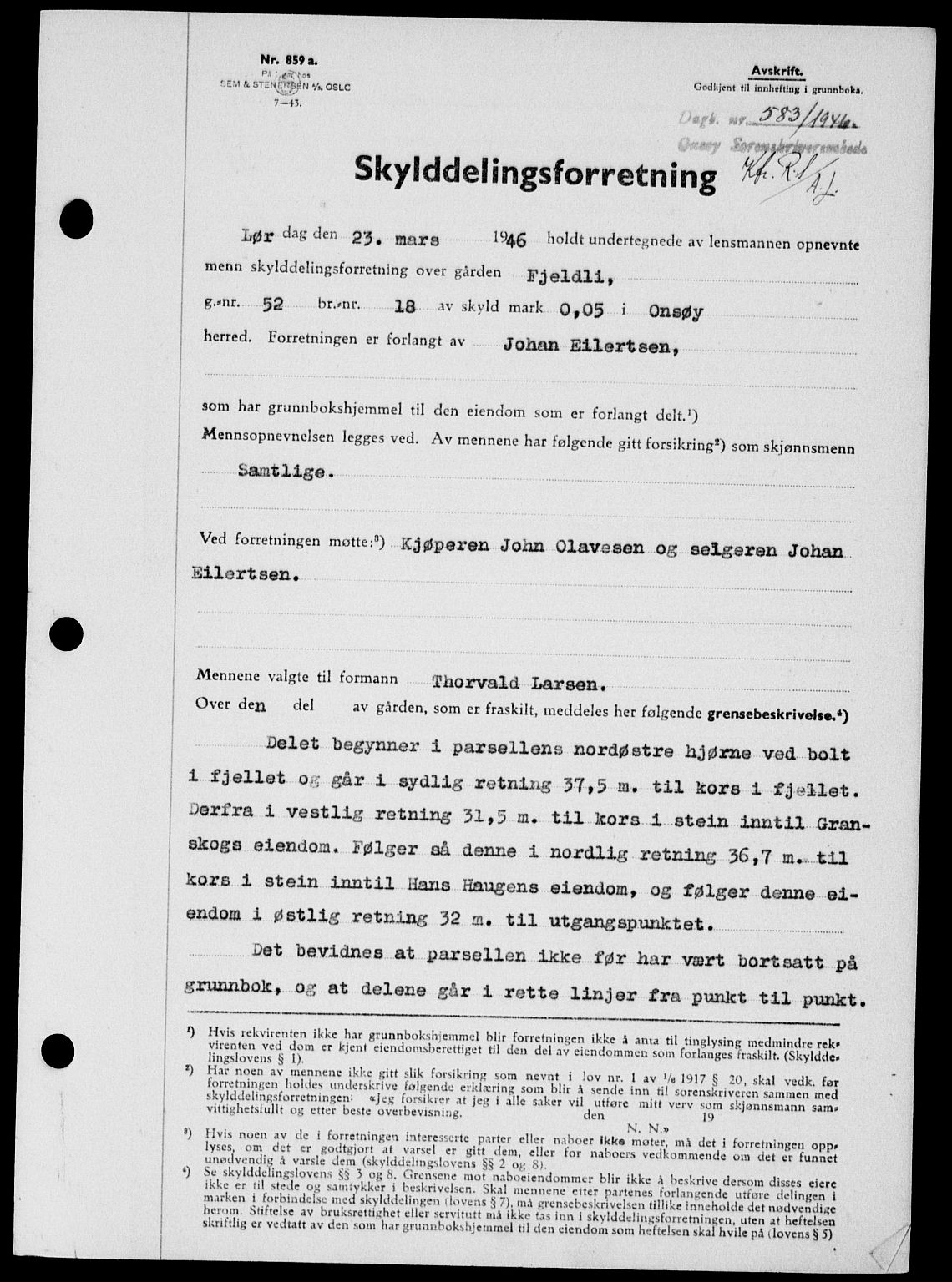 Onsøy sorenskriveri, SAO/A-10474/G/Ga/Gab/L0015: Mortgage book no. II A-15, 1945-1946, Diary no: : 583/1946