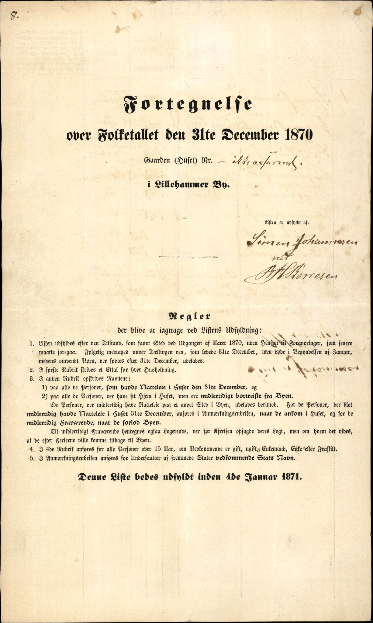 RA, 1870 census for 0501 Lillehammer, 1870, p. 8