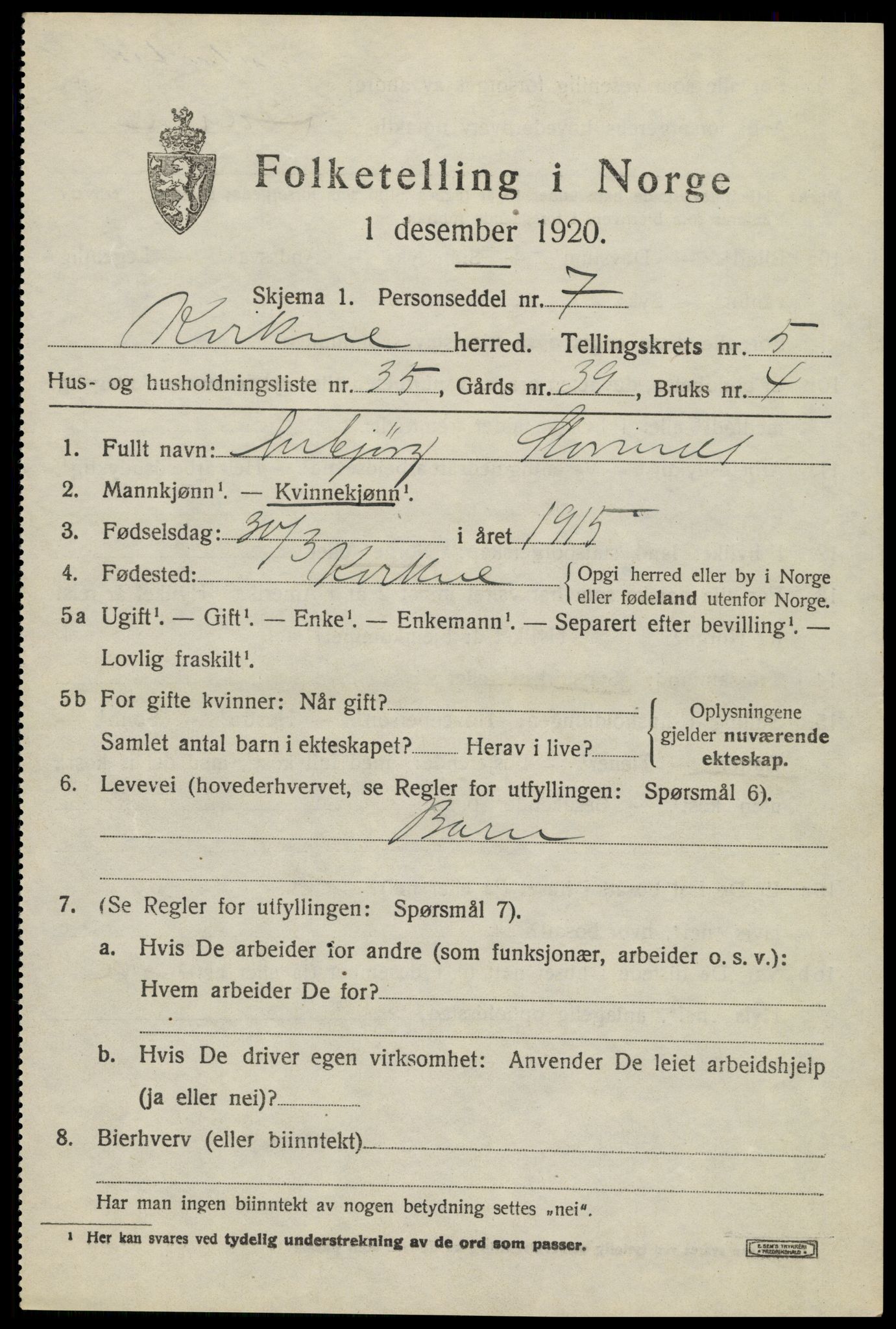 SAH, 1920 census for Kvikne, 1920, p. 2448