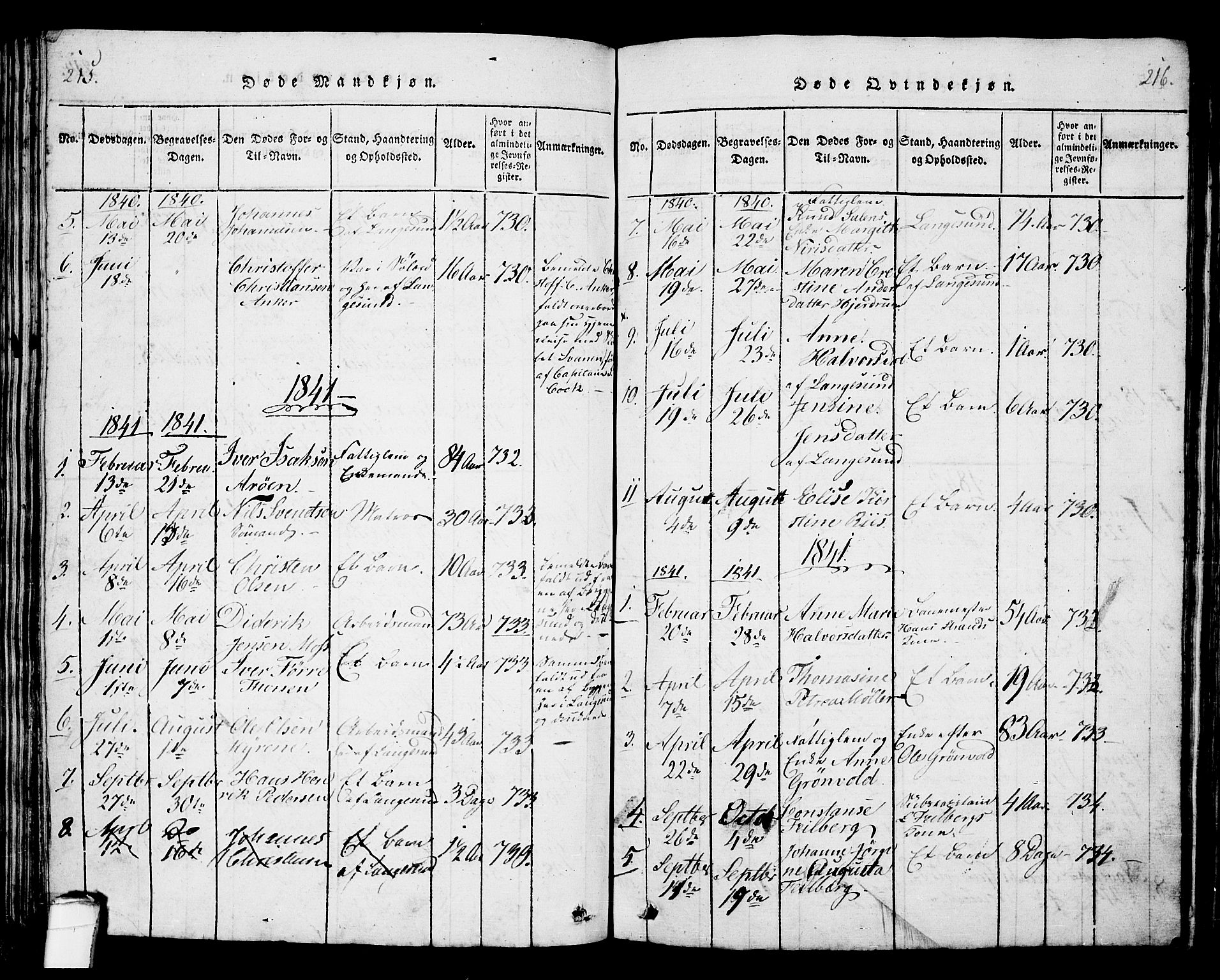 Langesund kirkebøker, SAKO/A-280/G/Ga/L0003: Parish register (copy) no. 3, 1815-1858, p. 215-216