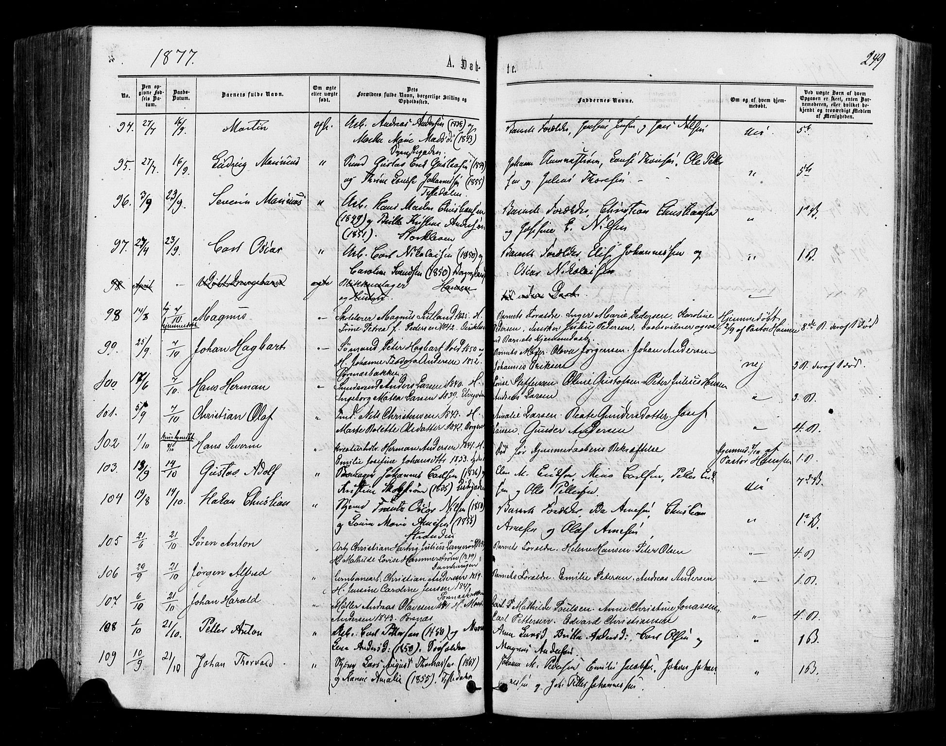 Halden prestekontor Kirkebøker, AV/SAO-A-10909/F/Fa/L0009: Parish register (official) no. I 9, 1866-1877, p. 249