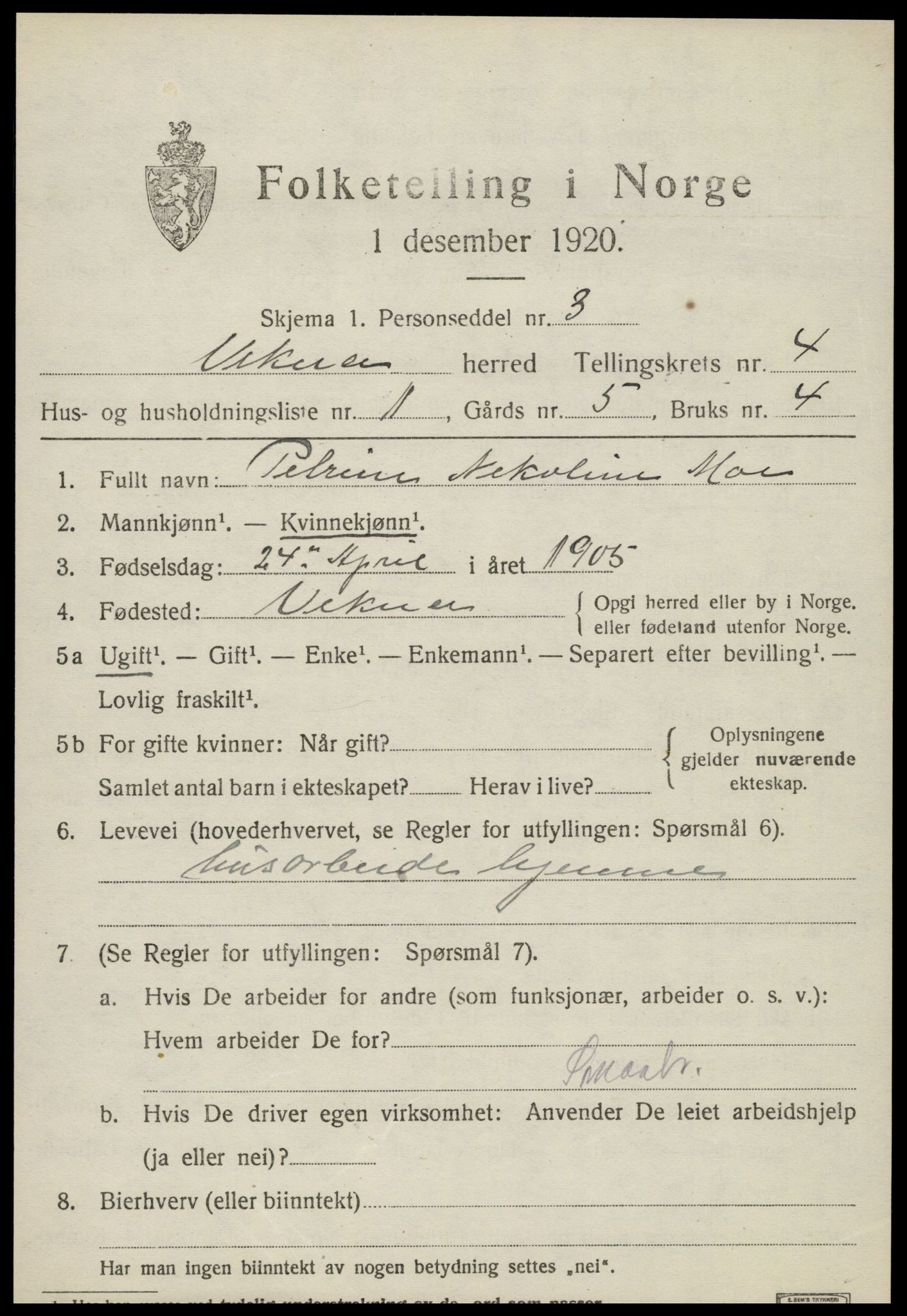 SAT, 1920 census for Vikna, 1920, p. 4141