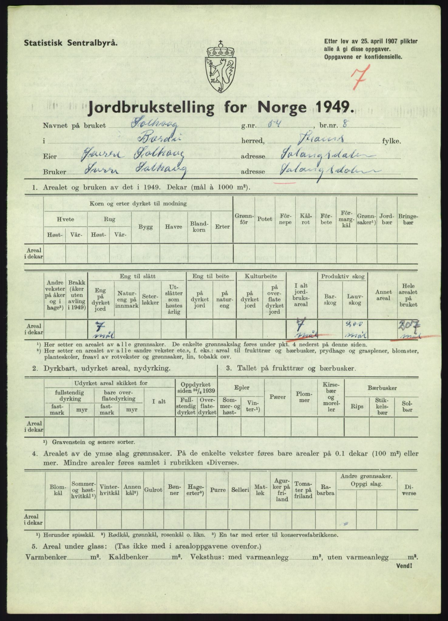 Statistisk sentralbyrå, Næringsøkonomiske emner, Jordbruk, skogbruk, jakt, fiske og fangst, AV/RA-S-2234/G/Gc/L0438: Troms: Salangen og Bardu, 1949, p. 961