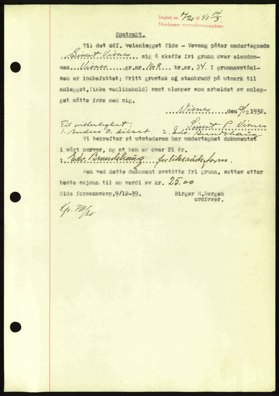 Nordmøre sorenskriveri, AV/SAT-A-4132/1/2/2Ca: Mortgage book no. B86, 1939-1940, Diary no: : 720/1940