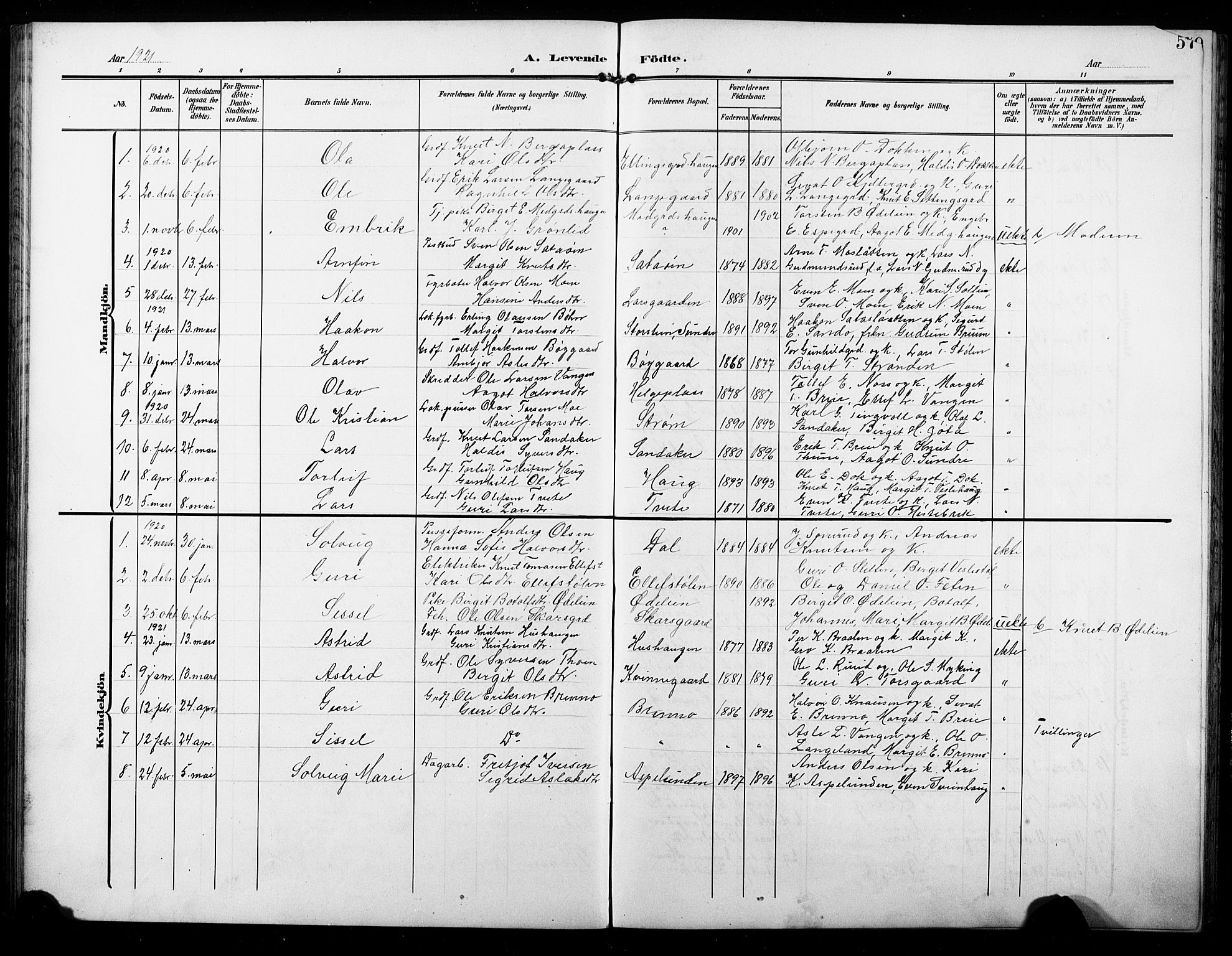 Ål kirkebøker, AV/SAKO-A-249/G/Ga/L0002: Parish register (copy) no. 2, 1904-1928, p. 57