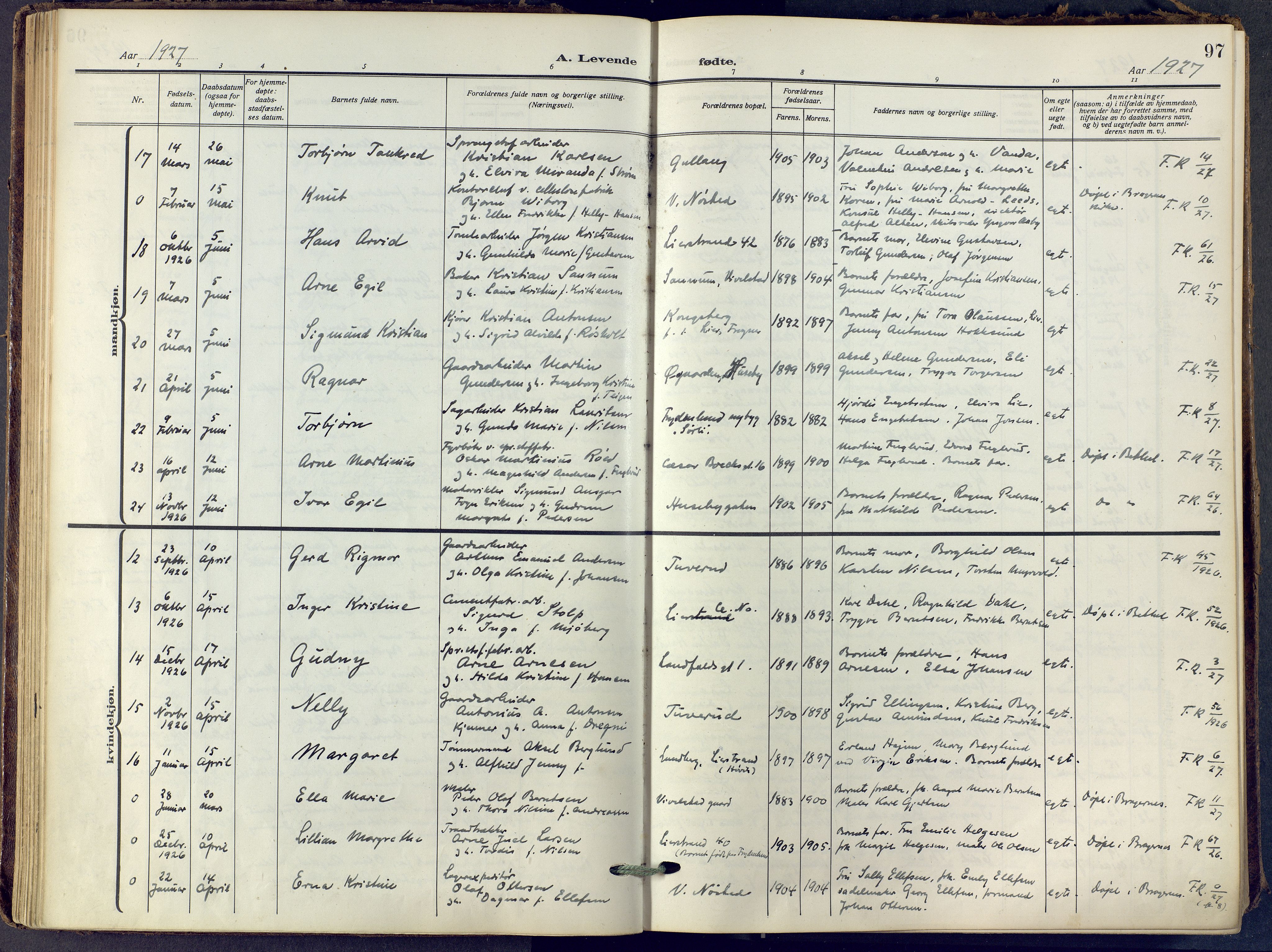 Lier kirkebøker, SAKO/A-230/F/Fa/L0019: Parish register (official) no. I 19, 1918-1928, p. 97