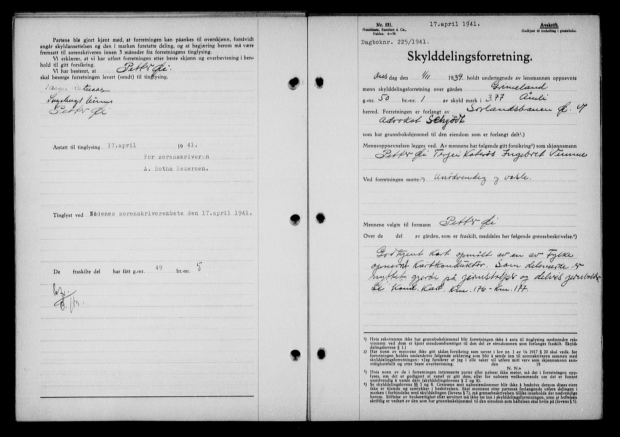 Nedenes sorenskriveri, SAK/1221-0006/G/Gb/Gba/L0048: Mortgage book no. A-II, 1940-1941, Diary no: : 225/1941