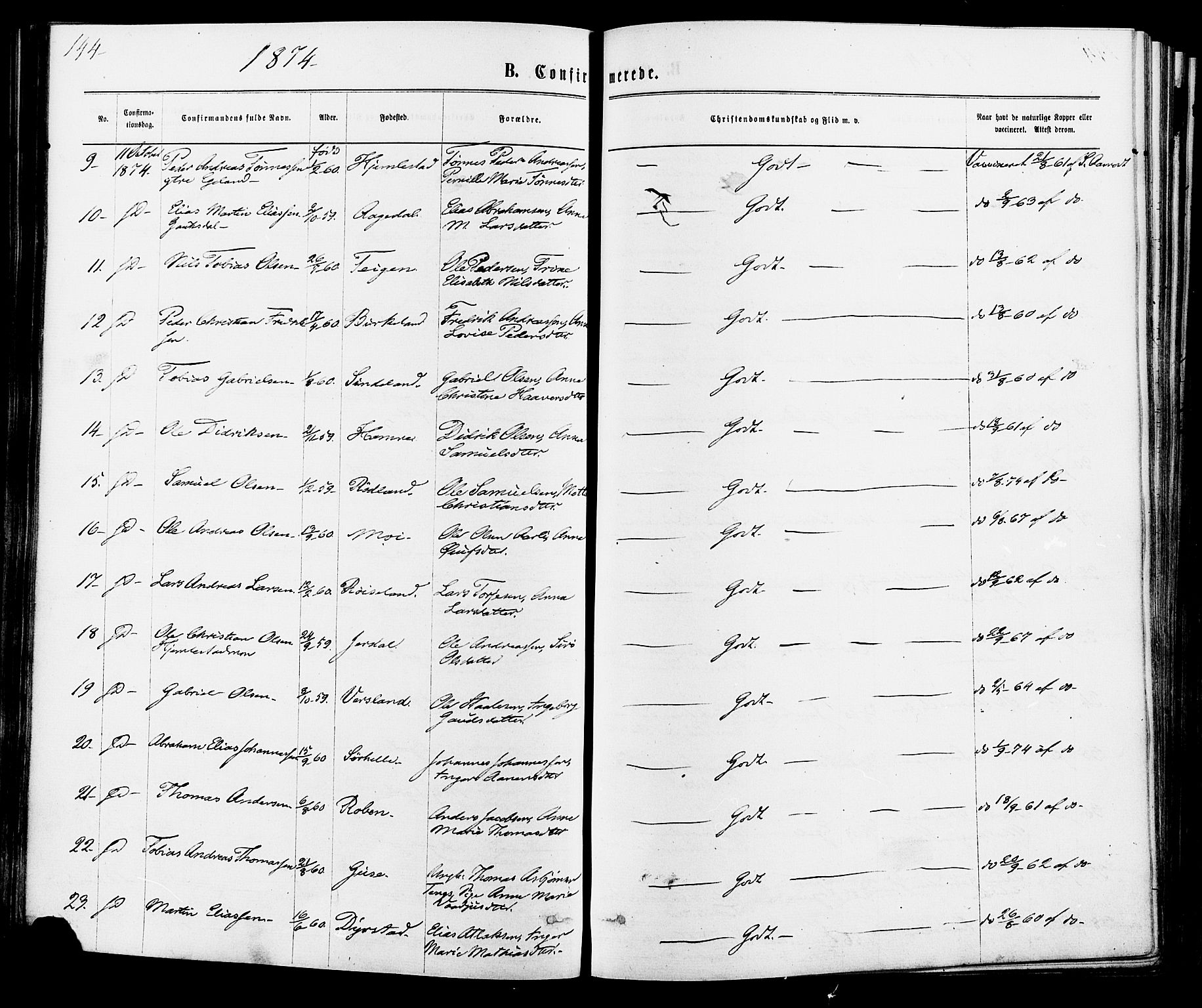 Kvinesdal sokneprestkontor, SAK/1111-0026/F/Fa/Fab/L0007: Parish register (official) no. A 7, 1870-1885, p. 144