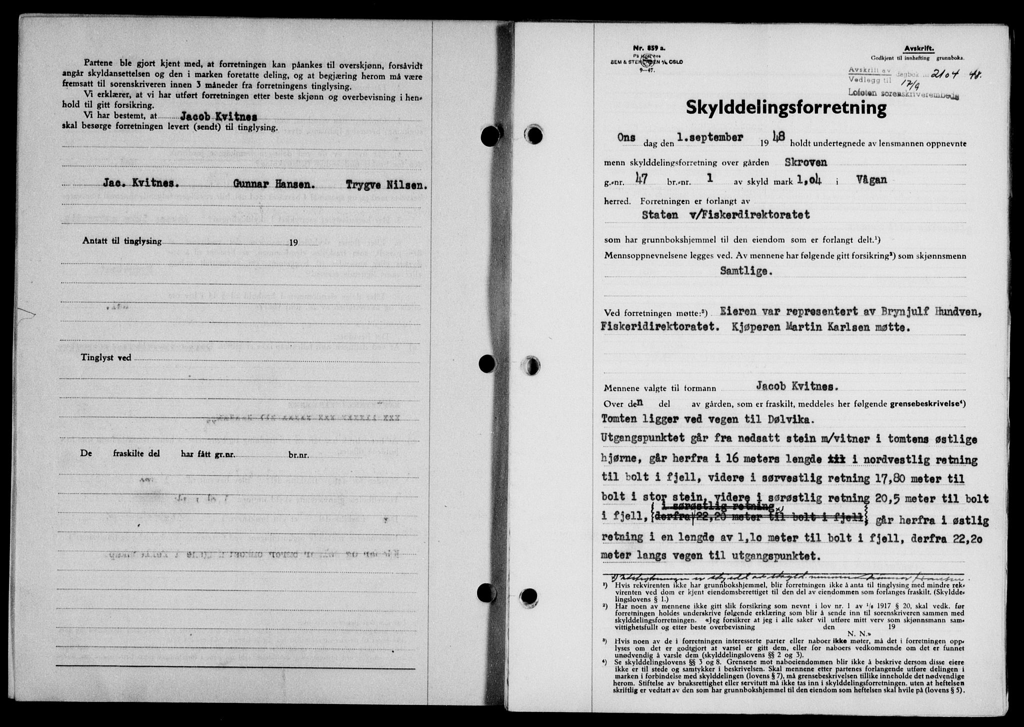 Lofoten sorenskriveri, SAT/A-0017/1/2/2C/L0019a: Mortgage book no. 19a, 1948-1948, Diary no: : 2104/1948