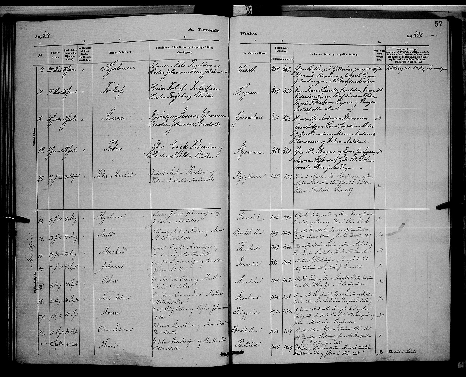 Vardal prestekontor, SAH/PREST-100/H/Ha/Hab/L0008: Parish register (copy) no. 8, 1881-1898, p. 57