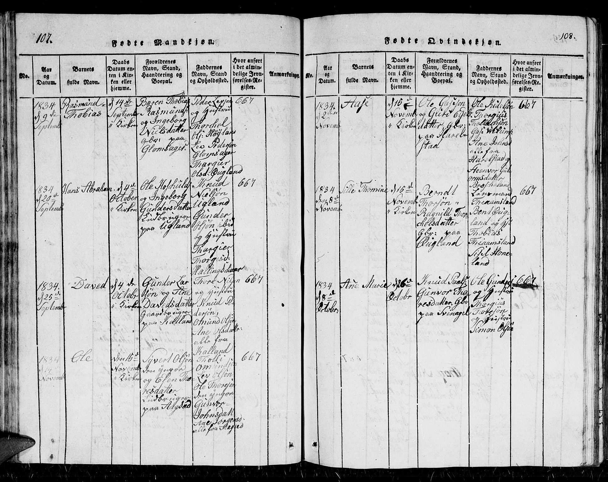 Holum sokneprestkontor, SAK/1111-0022/F/Fb/Fbb/L0001: Parish register (copy) no. B 1, 1820-1847, p. 107-108