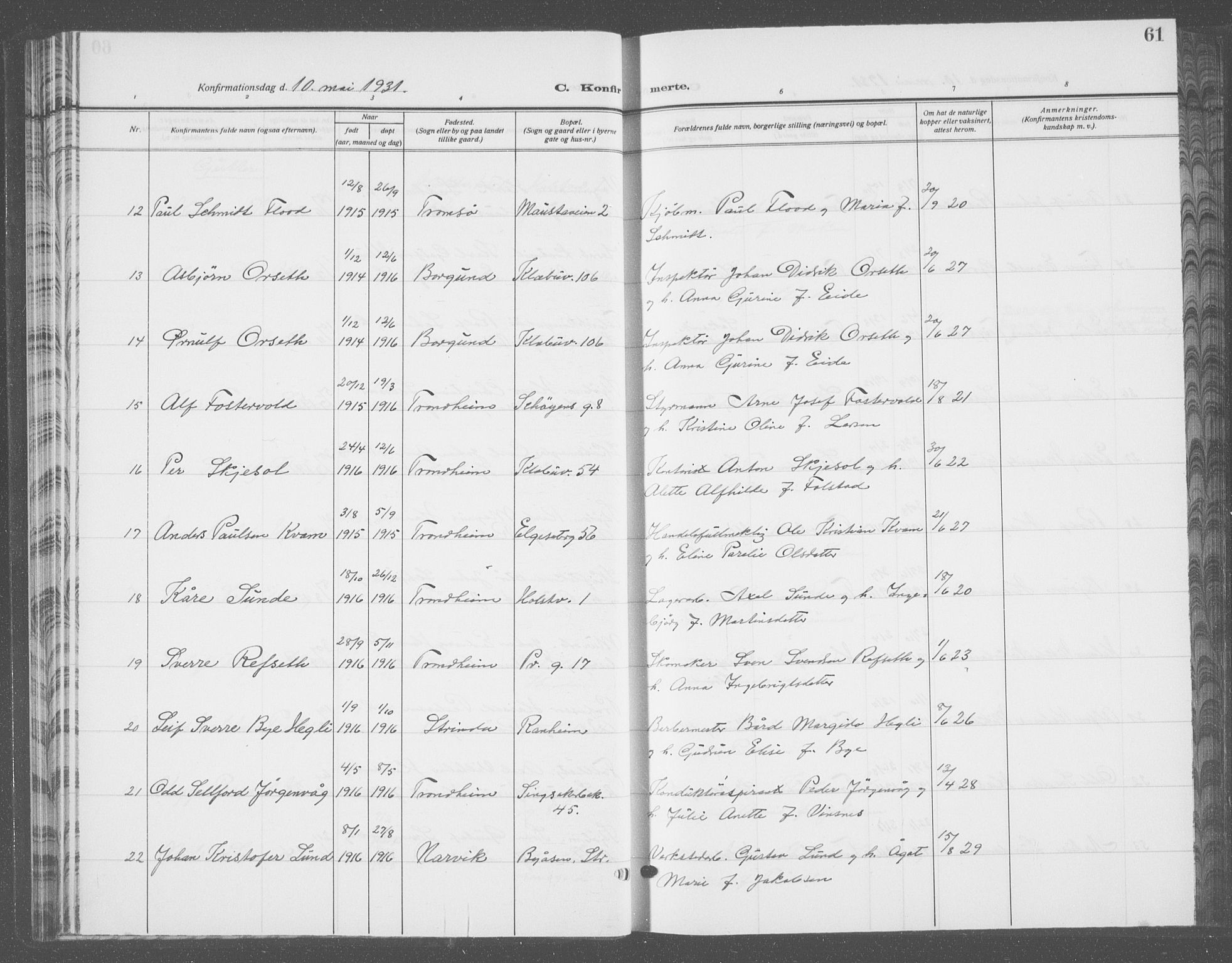 Ministerialprotokoller, klokkerbøker og fødselsregistre - Sør-Trøndelag, SAT/A-1456/601/L0099: Parish register (copy) no. 601C17, 1928-1941, p. 61