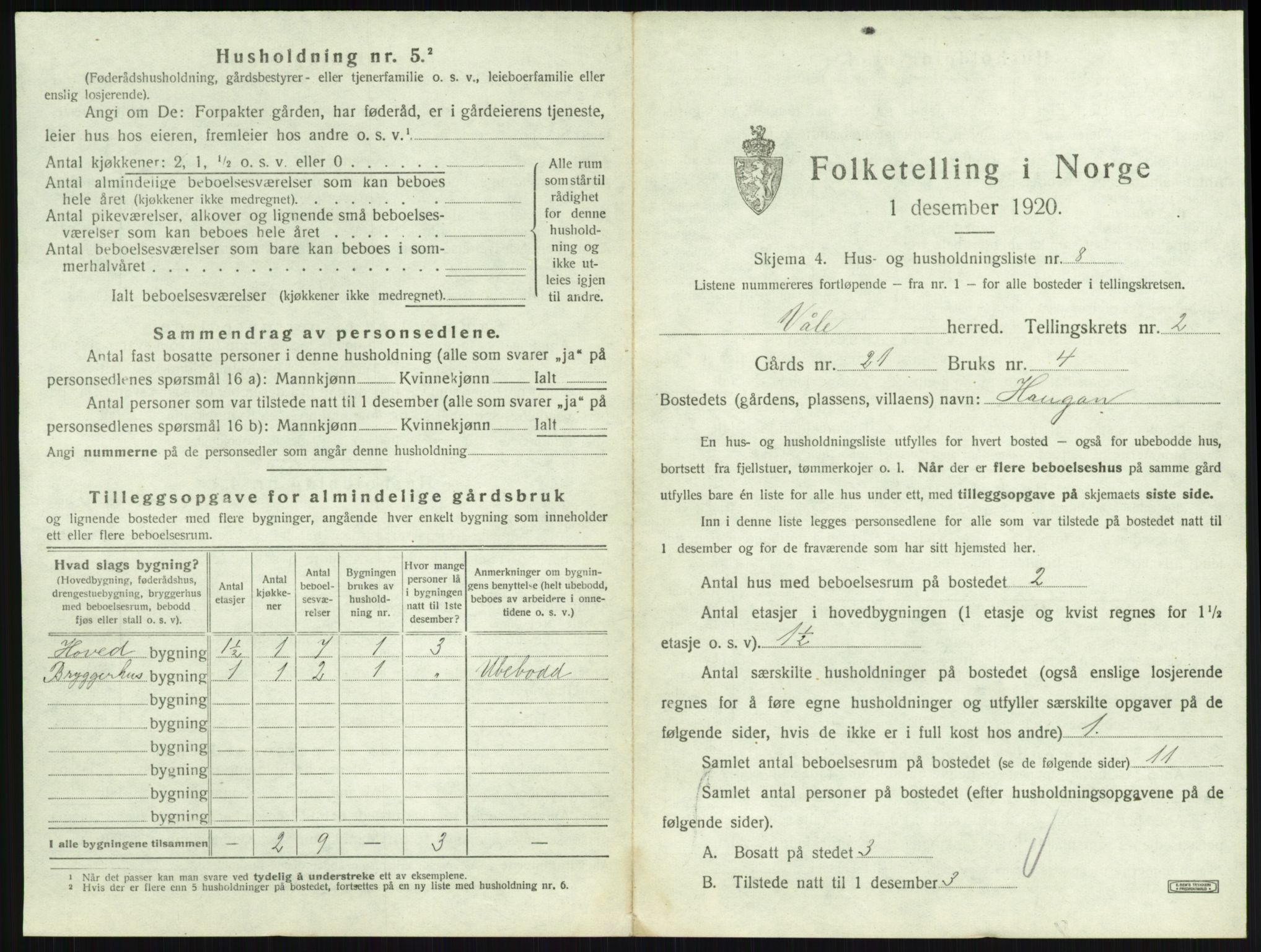 SAKO, 1920 census for Våle, 1920, p. 210