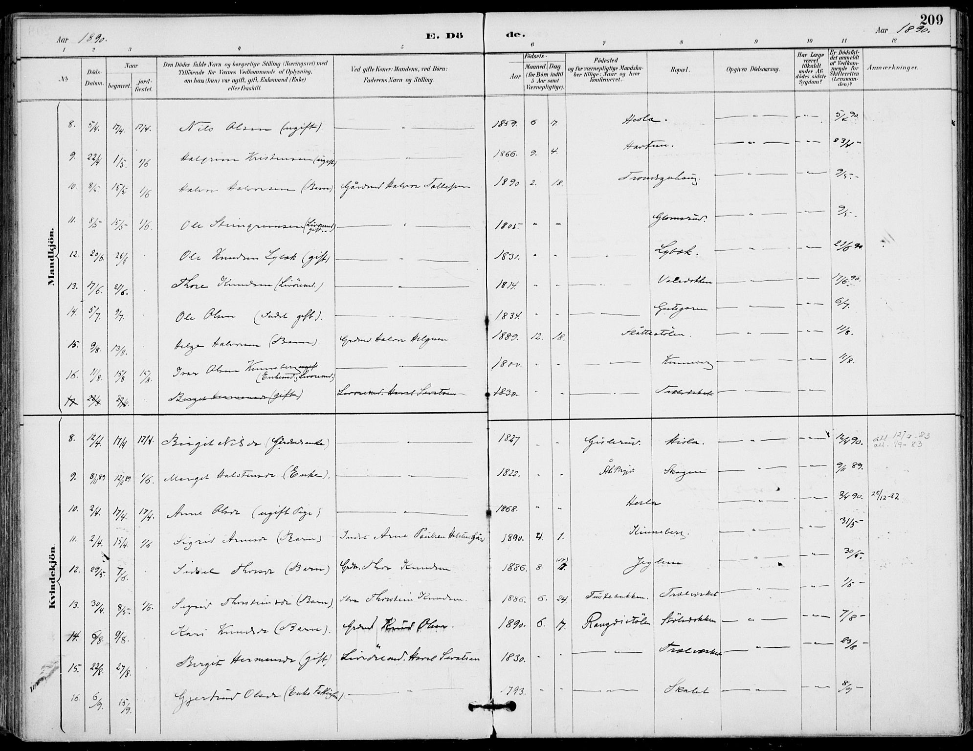 Gol kirkebøker, AV/SAKO-A-226/F/Fa/L0005: Parish register (official) no. I 5, 1887-1900, p. 209