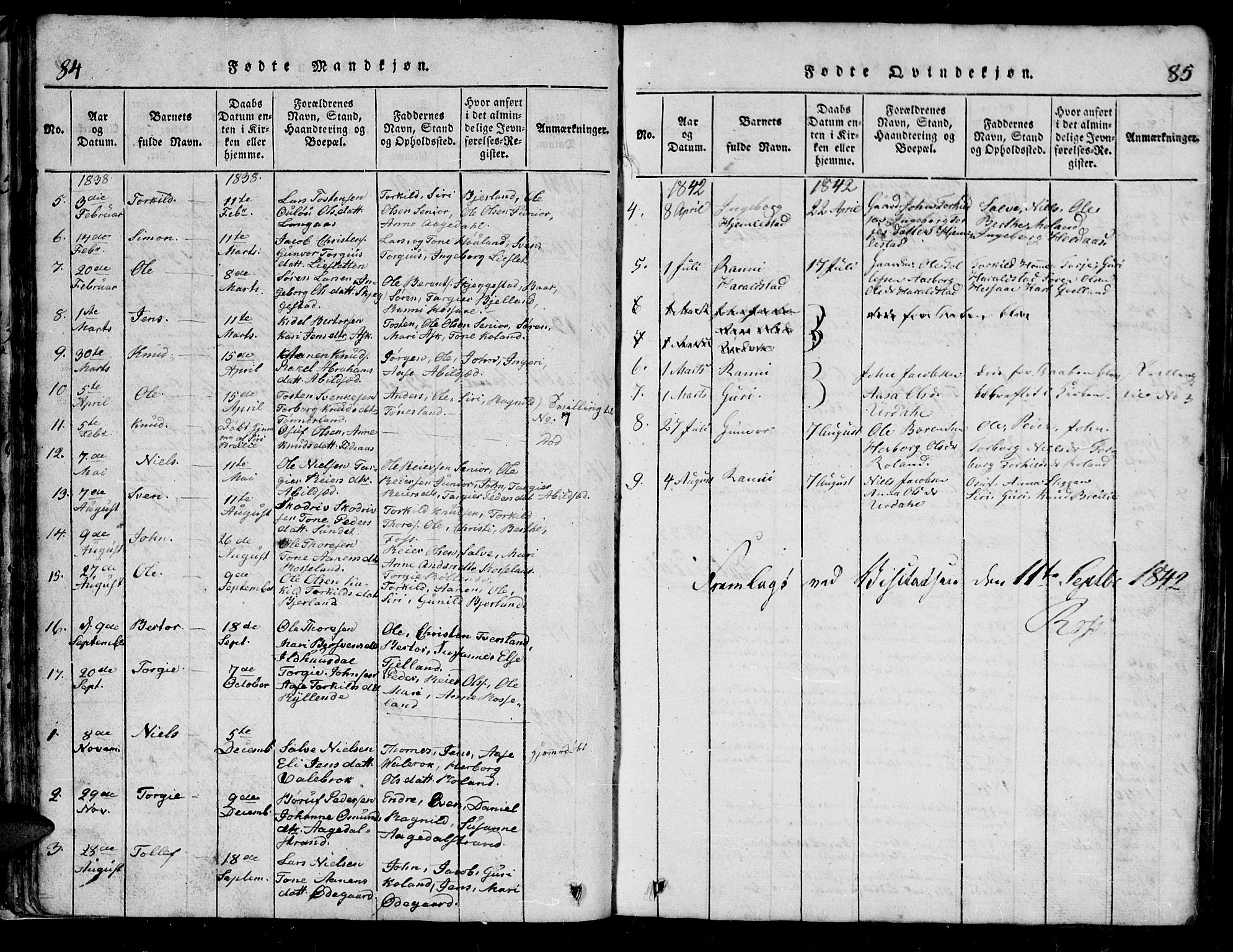 Bjelland sokneprestkontor, SAK/1111-0005/F/Fb/Fba/L0003: Parish register (copy) no. B 3, 1816-1870, p. 84-85