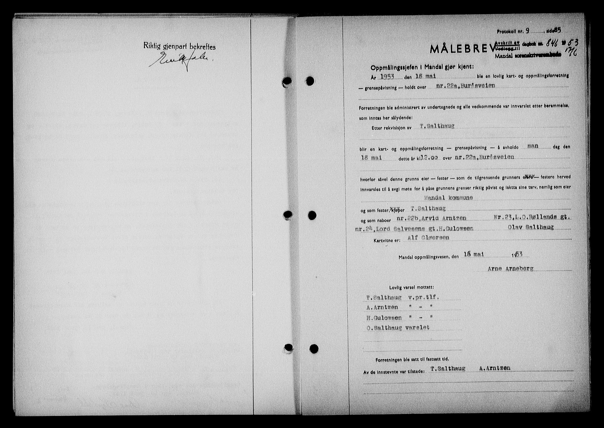 Mandal sorenskriveri, SAK/1221-0005/001/G/Gb/Gba/L0087: Mortgage book no. A-24, 1953-1953, Diary no: : 846/1953