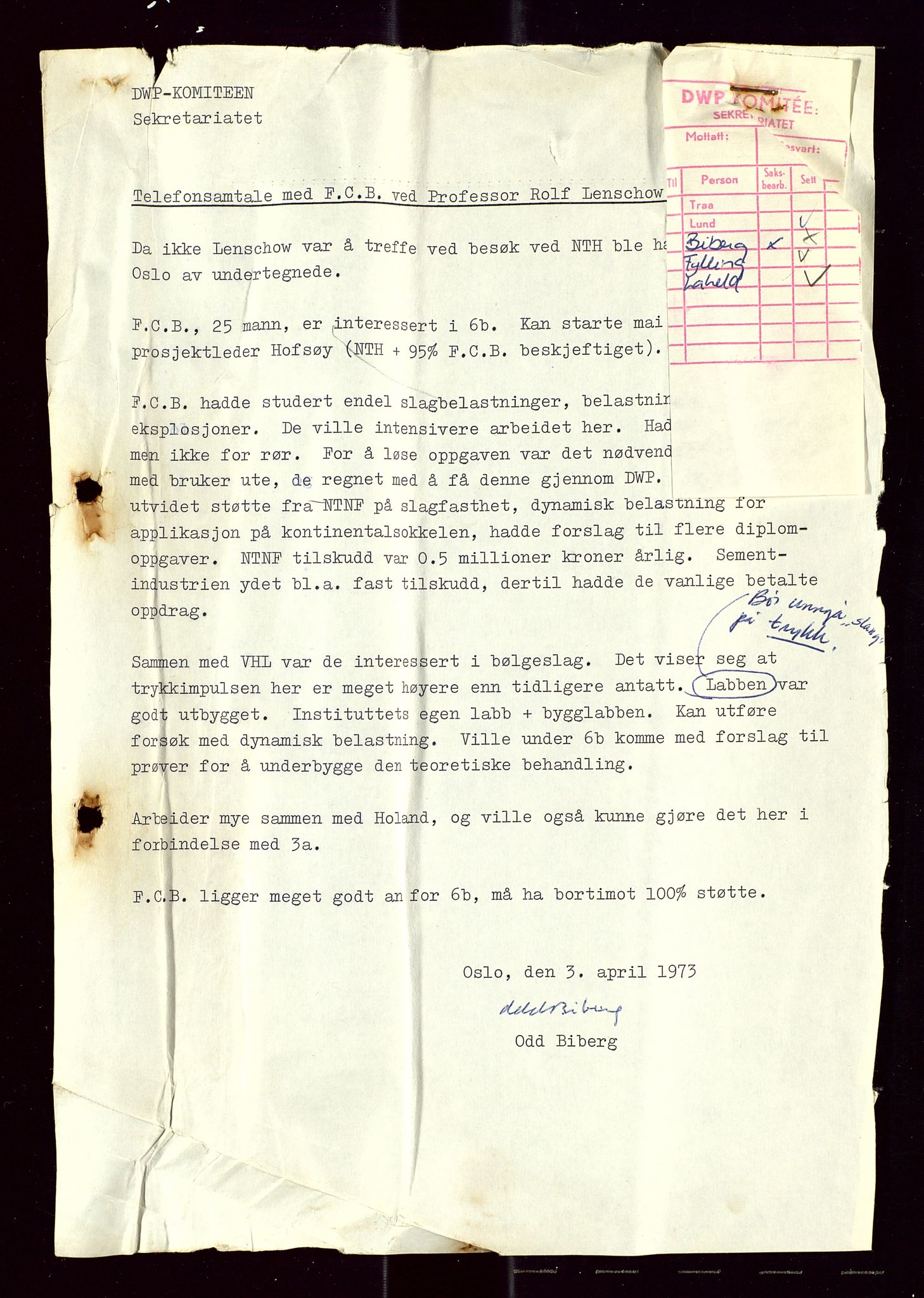 Industridepartementet, Oljekontoret, AV/SAST-A-101348/Di/L0005: DWP, 761 forskning/teknologi, 2 prot. DWP feasibility study, 1972-1975, p. 207