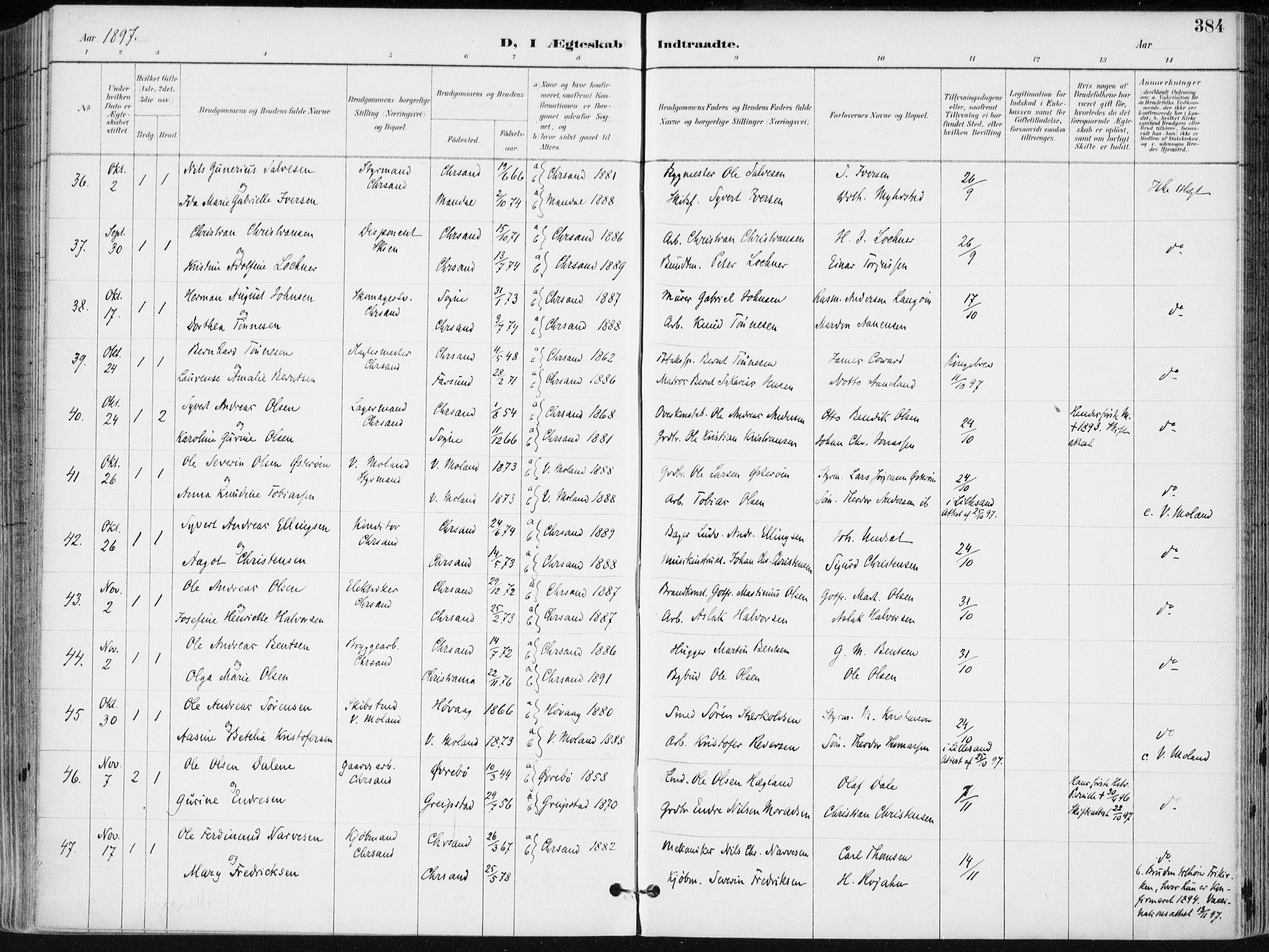 Kristiansand domprosti, AV/SAK-1112-0006/F/Fa/L0019: Parish register (official) no. A 18, 1890-1897, p. 384