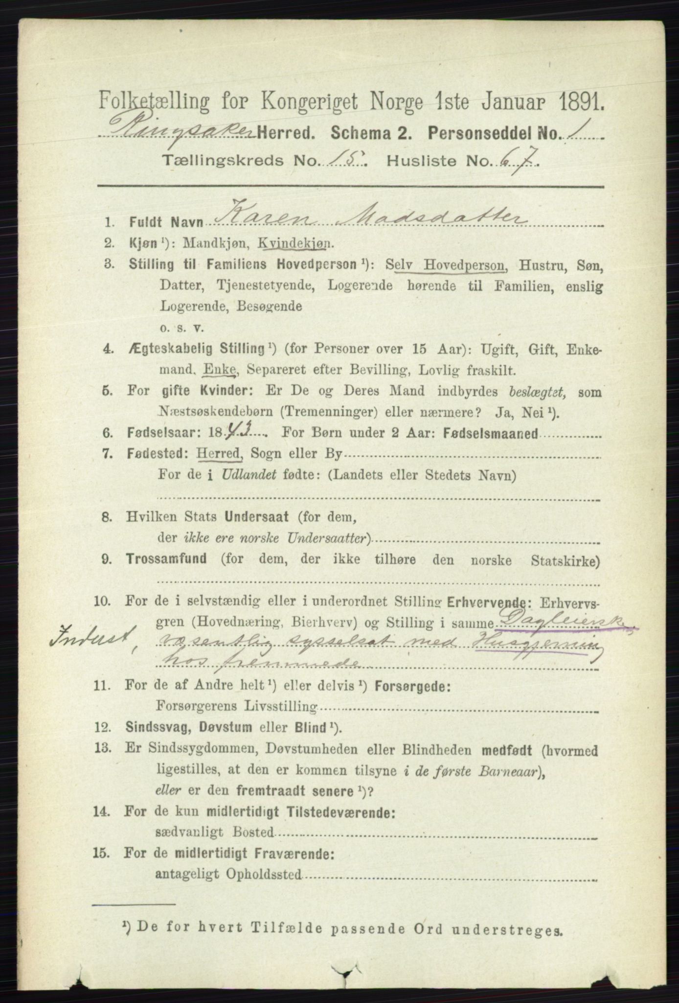 RA, 1891 census for 0412 Ringsaker, 1891, p. 8901