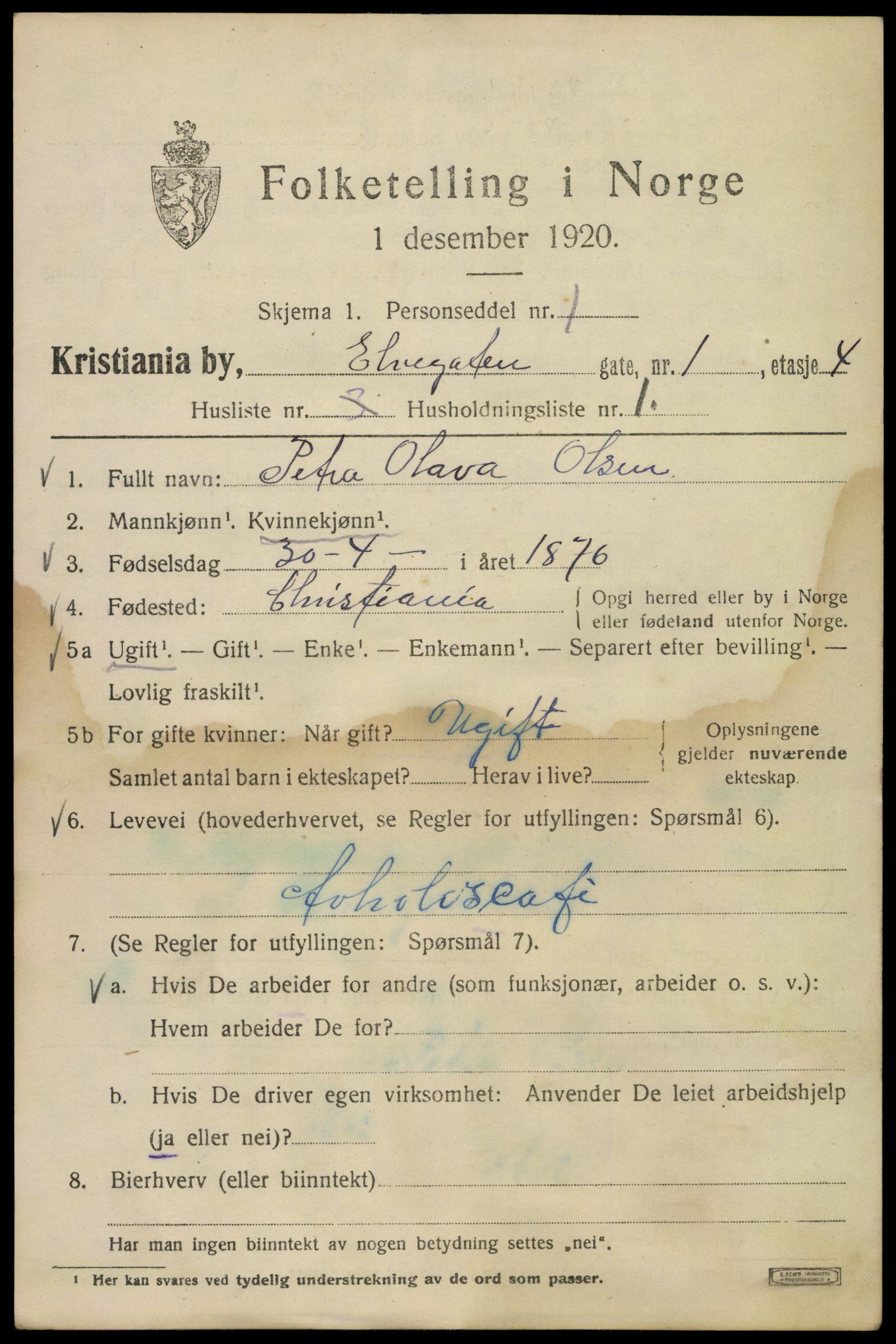 SAO, 1920 census for Kristiania, 1920, p. 215087