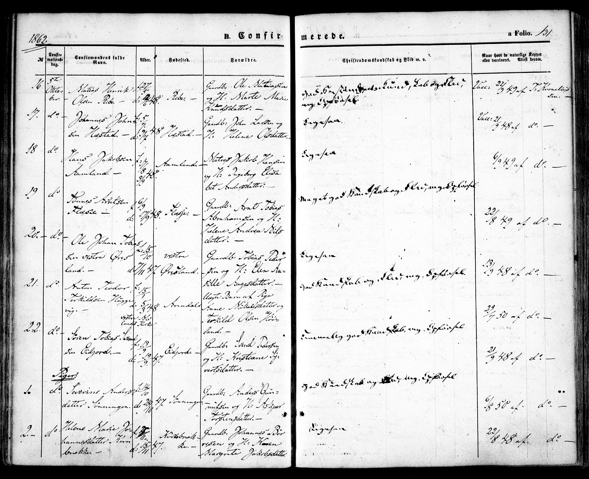 Høvåg sokneprestkontor, SAK/1111-0025/F/Fa/L0004: Parish register (official) no. A 4, 1859-1877, p. 131