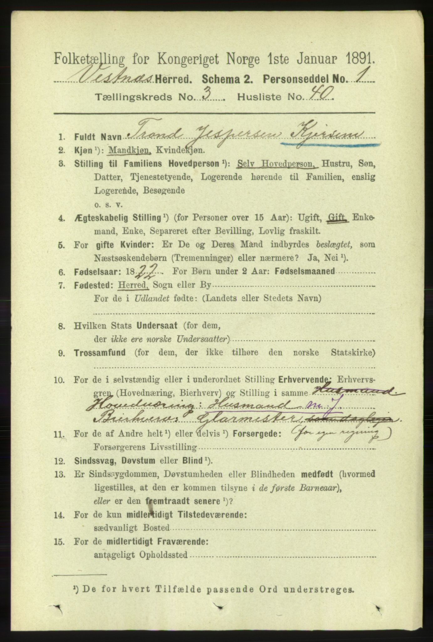 RA, 1891 census for 1535 Vestnes, 1891, p. 1095