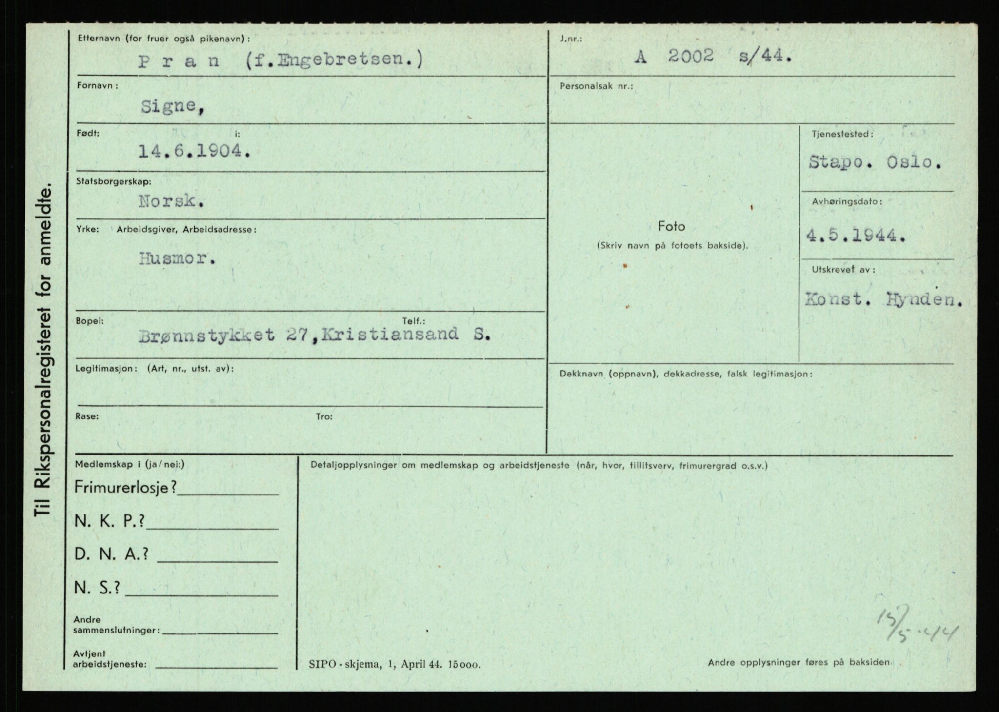 Statspolitiet - Hovedkontoret / Osloavdelingen, AV/RA-S-1329/C/Ca/L0012: Oanæs - Quistgaard	, 1943-1945, p. 4756