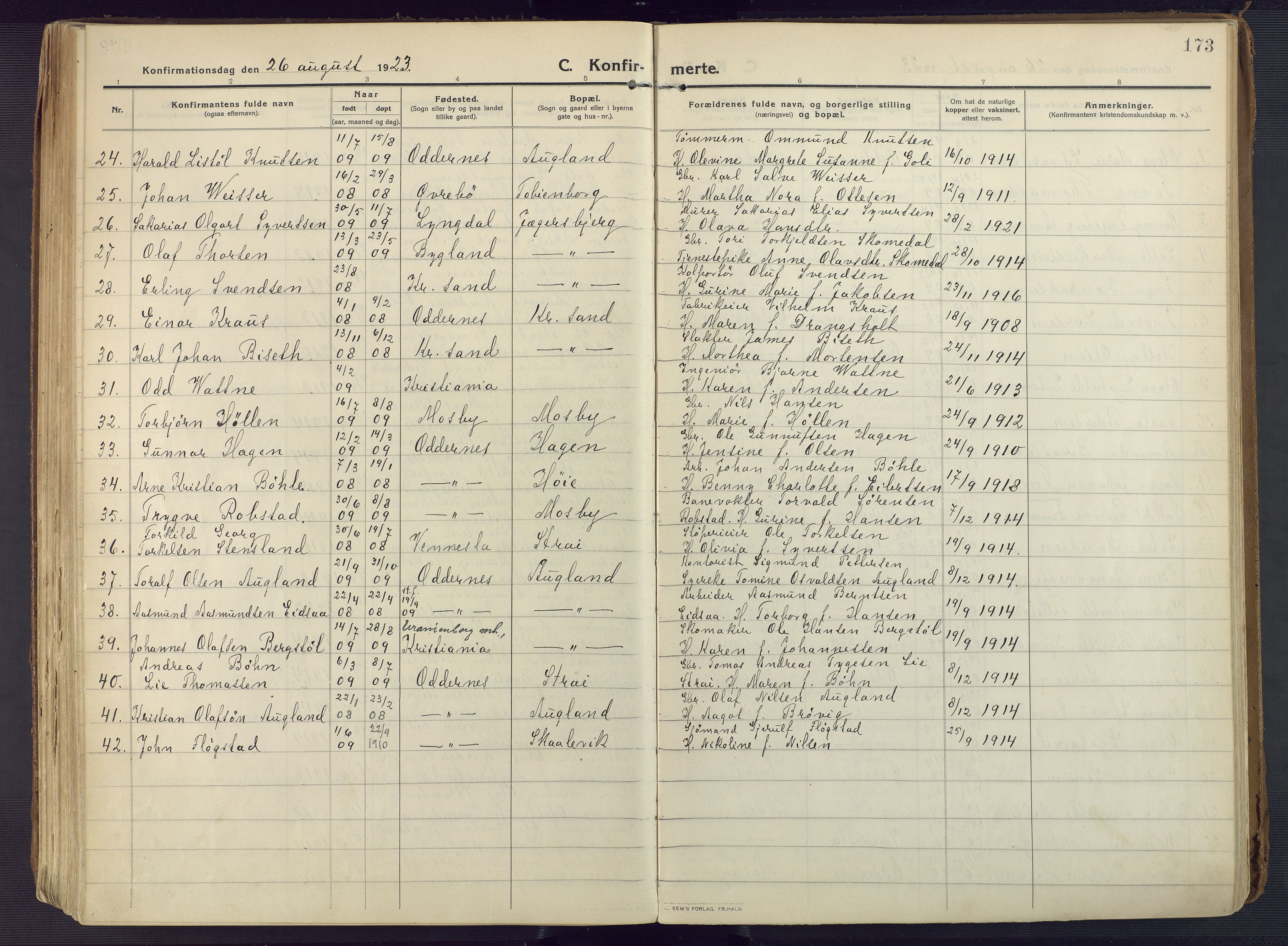 Oddernes sokneprestkontor, AV/SAK-1111-0033/F/Fa/Faa/L0012: Parish register (official) no. A 12, 1912-1925, p. 173