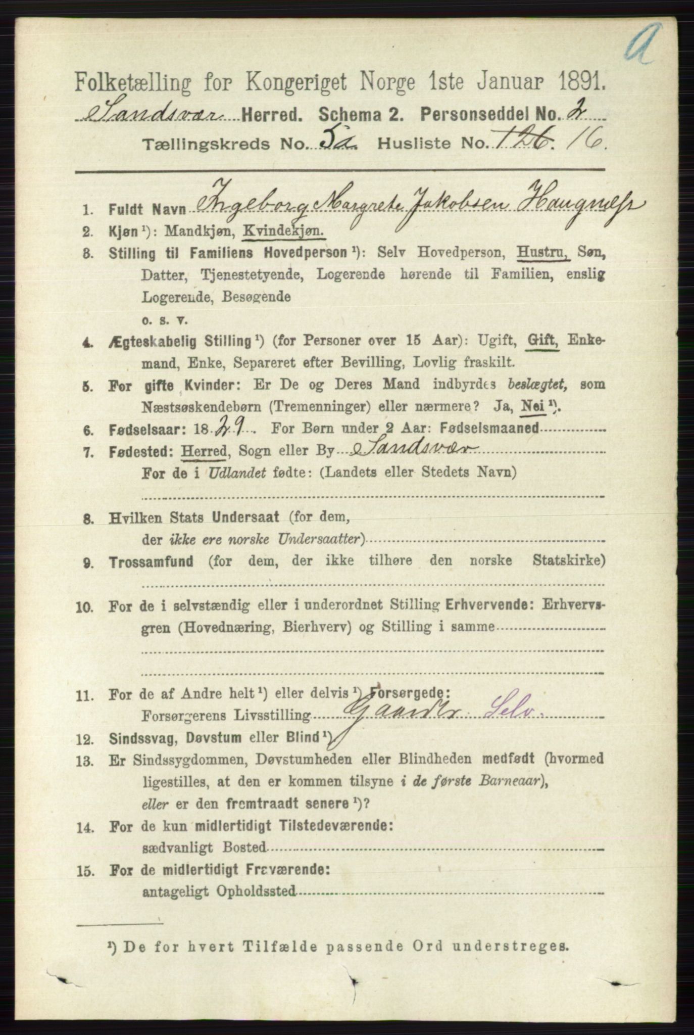 RA, 1891 census for 0629 Sandsvær, 1891, p. 2576