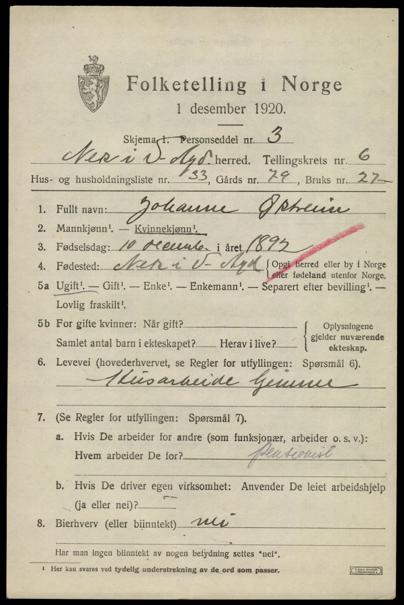 SAK, 1920 census for Nes (V-A), 1920, p. 3314