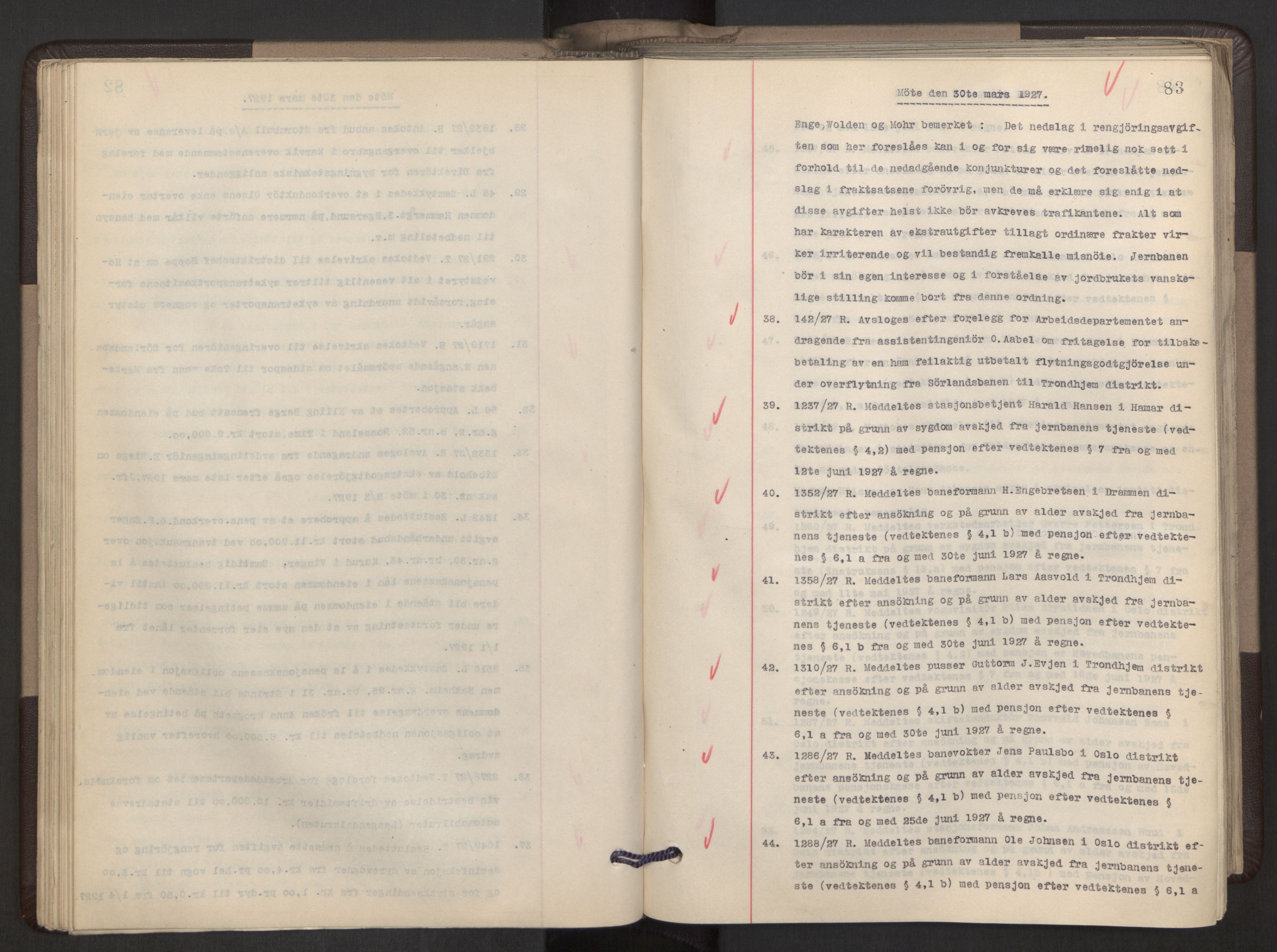 Norges statsbaner, Administrasjons- økonomi- og personalavdelingen, AV/RA-S-3412/A/Aa/L0021: Forhandlingsprotokoll, 1927-1928, p. 83