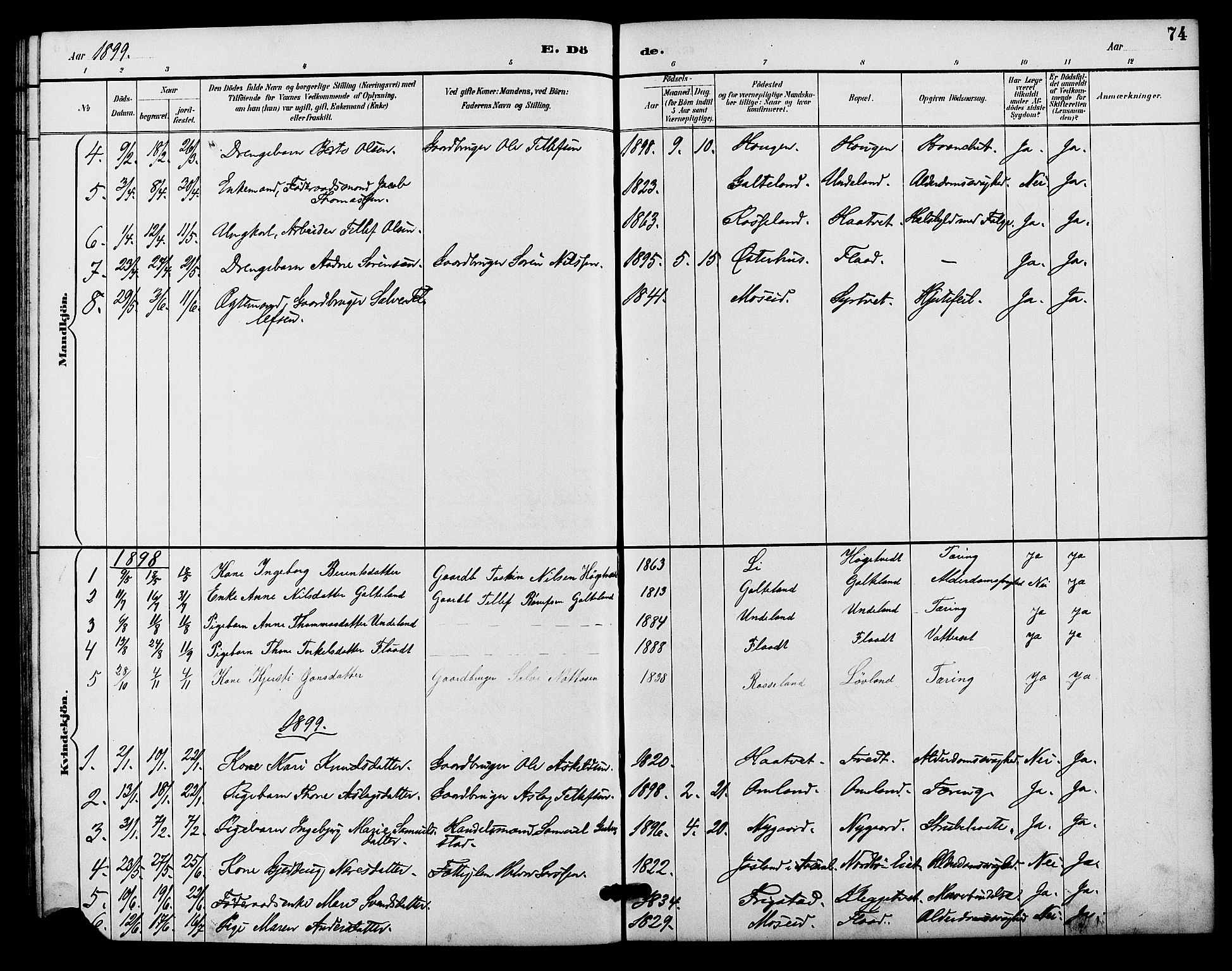 Evje sokneprestkontor, AV/SAK-1111-0008/F/Fb/Fba/L0003: Parish register (copy) no. B 3, 1888-1903, p. 74