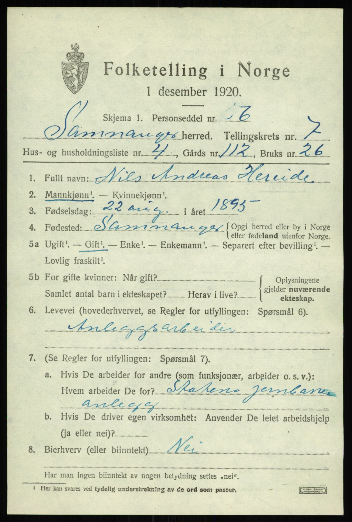 SAB, 1920 census for Samnanger, 1920, p. 2989