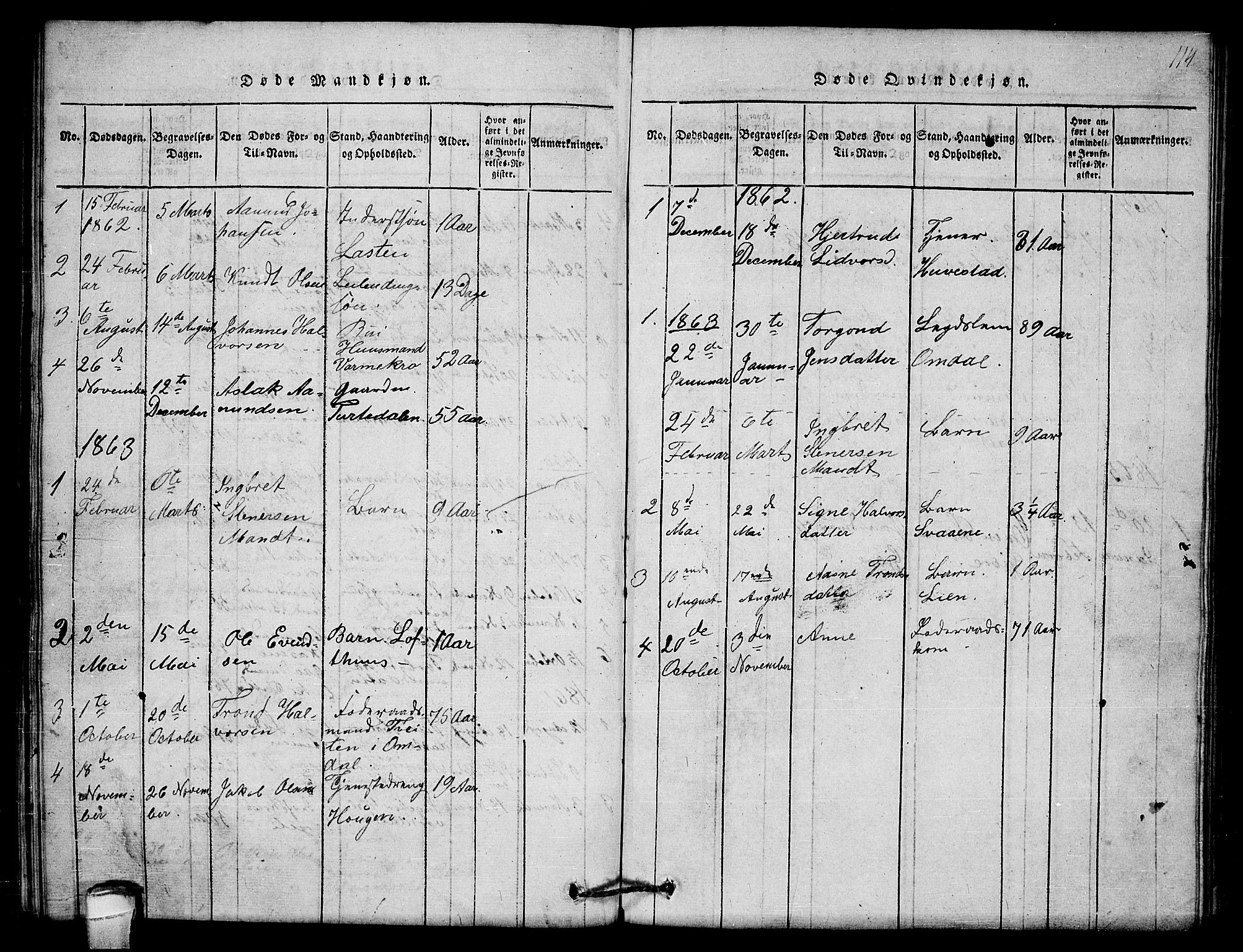 Lårdal kirkebøker, SAKO/A-284/G/Gb/L0001: Parish register (copy) no. II 1, 1815-1865, p. 114
