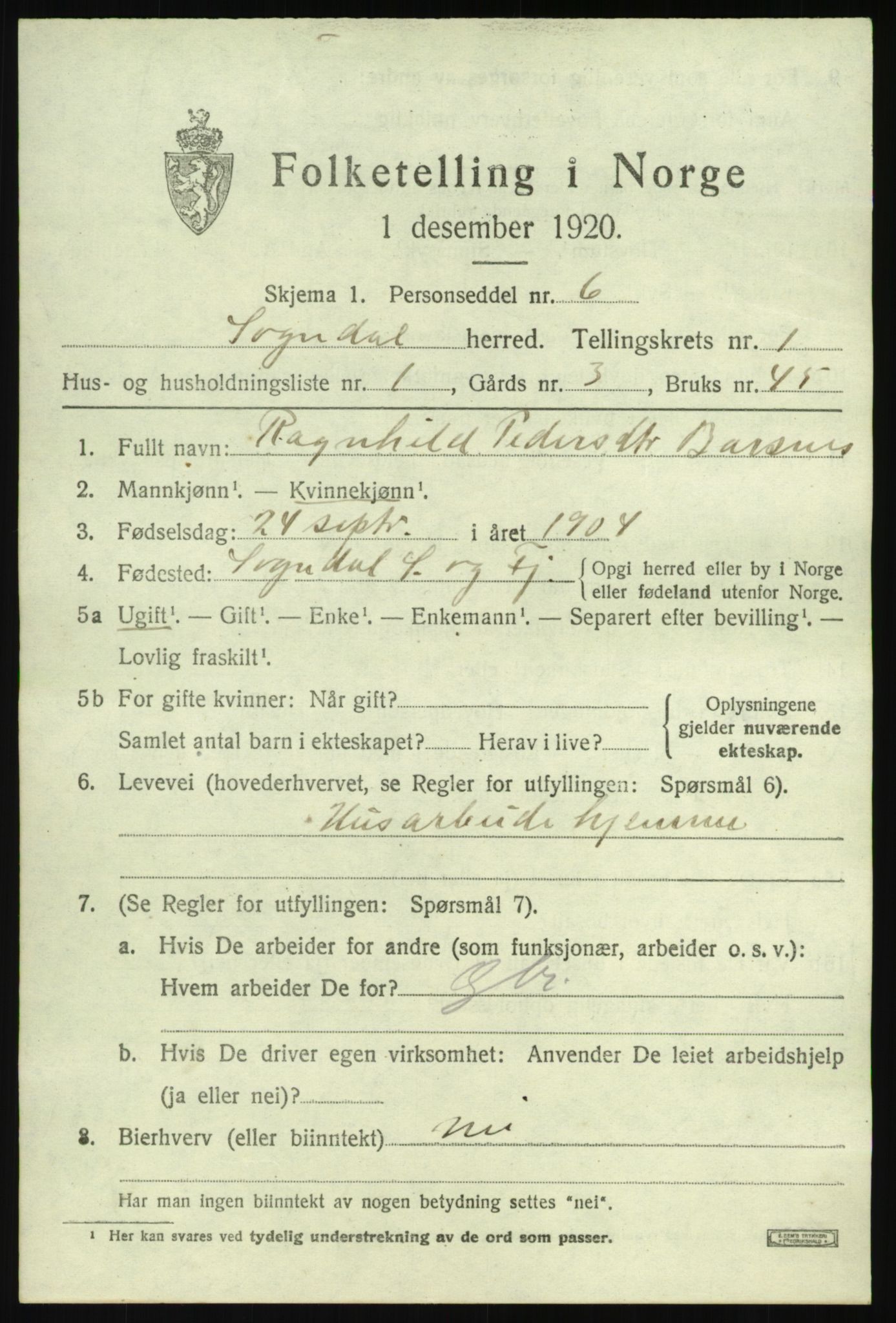 SAB, 1920 census for Sogndal, 1920, p. 1313