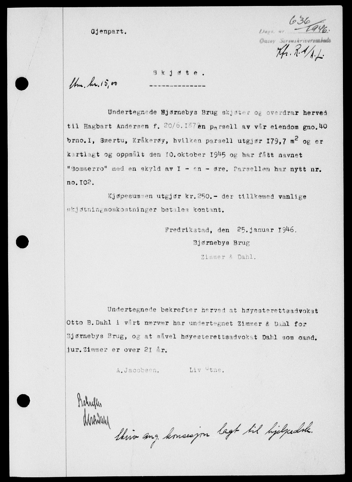 Onsøy sorenskriveri, SAO/A-10474/G/Ga/Gab/L0015: Mortgage book no. II A-15, 1945-1946, Diary no: : 636/1946
