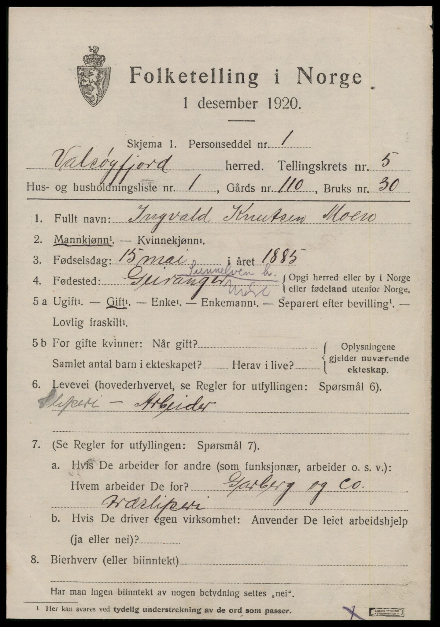 SAT, 1920 census for Valsøyfjord, 1920, p. 2379