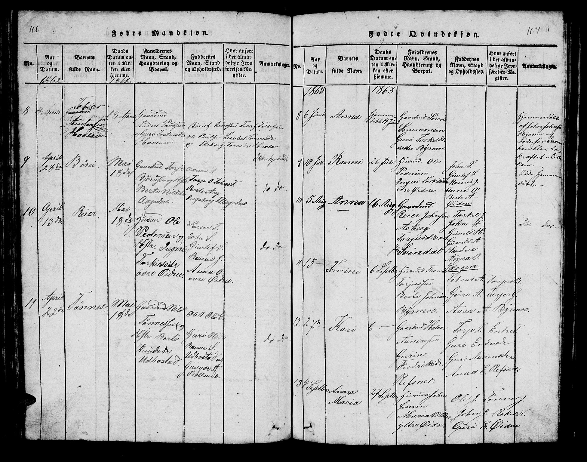 Bjelland sokneprestkontor, AV/SAK-1111-0005/F/Fb/Fbc/L0001: Parish register (copy) no. B 1, 1815-1870, p. 166-167