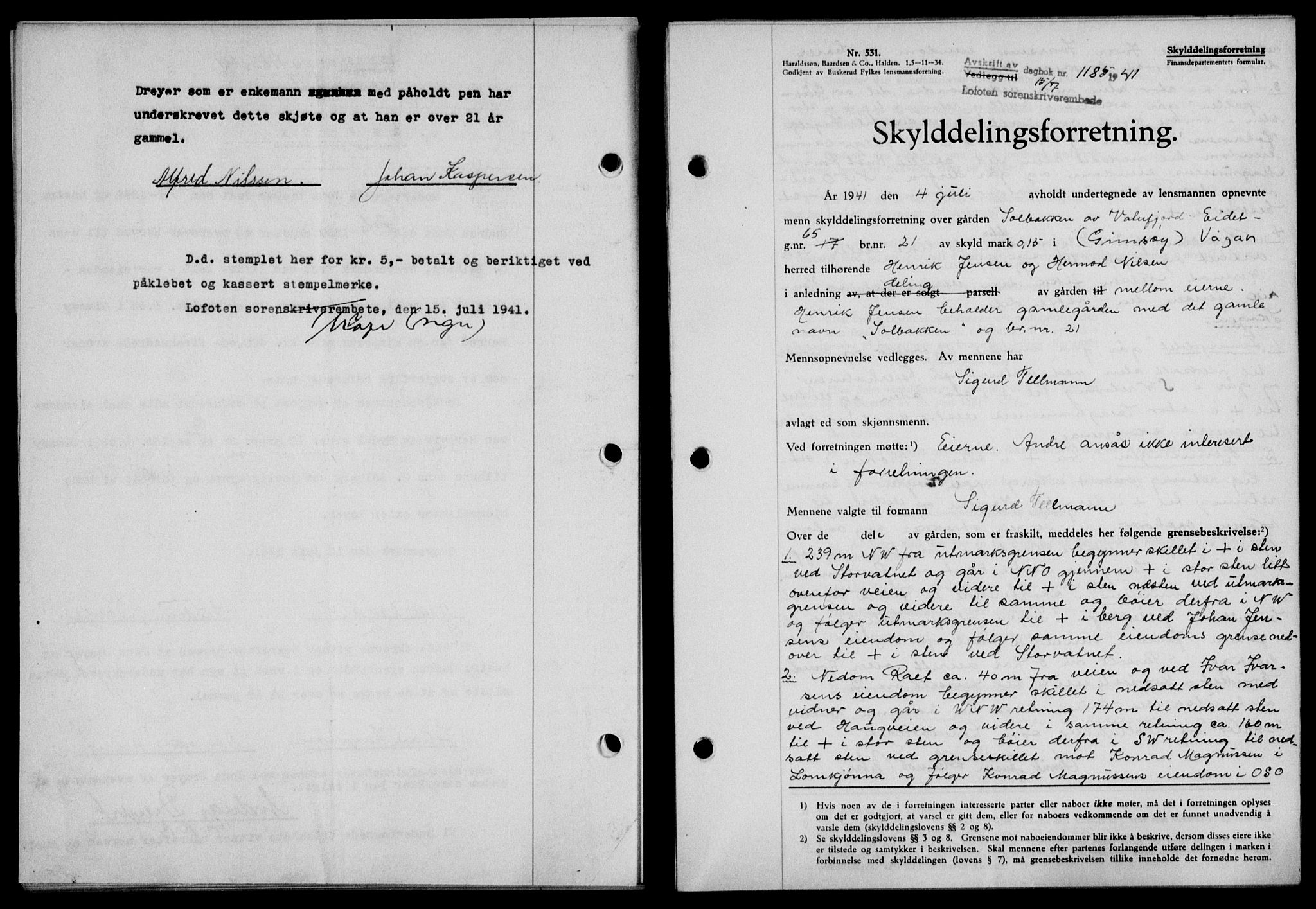 Lofoten sorenskriveri, SAT/A-0017/1/2/2C/L0008a: Mortgage book no. 8a, 1940-1941, Diary no: : 1185/1941