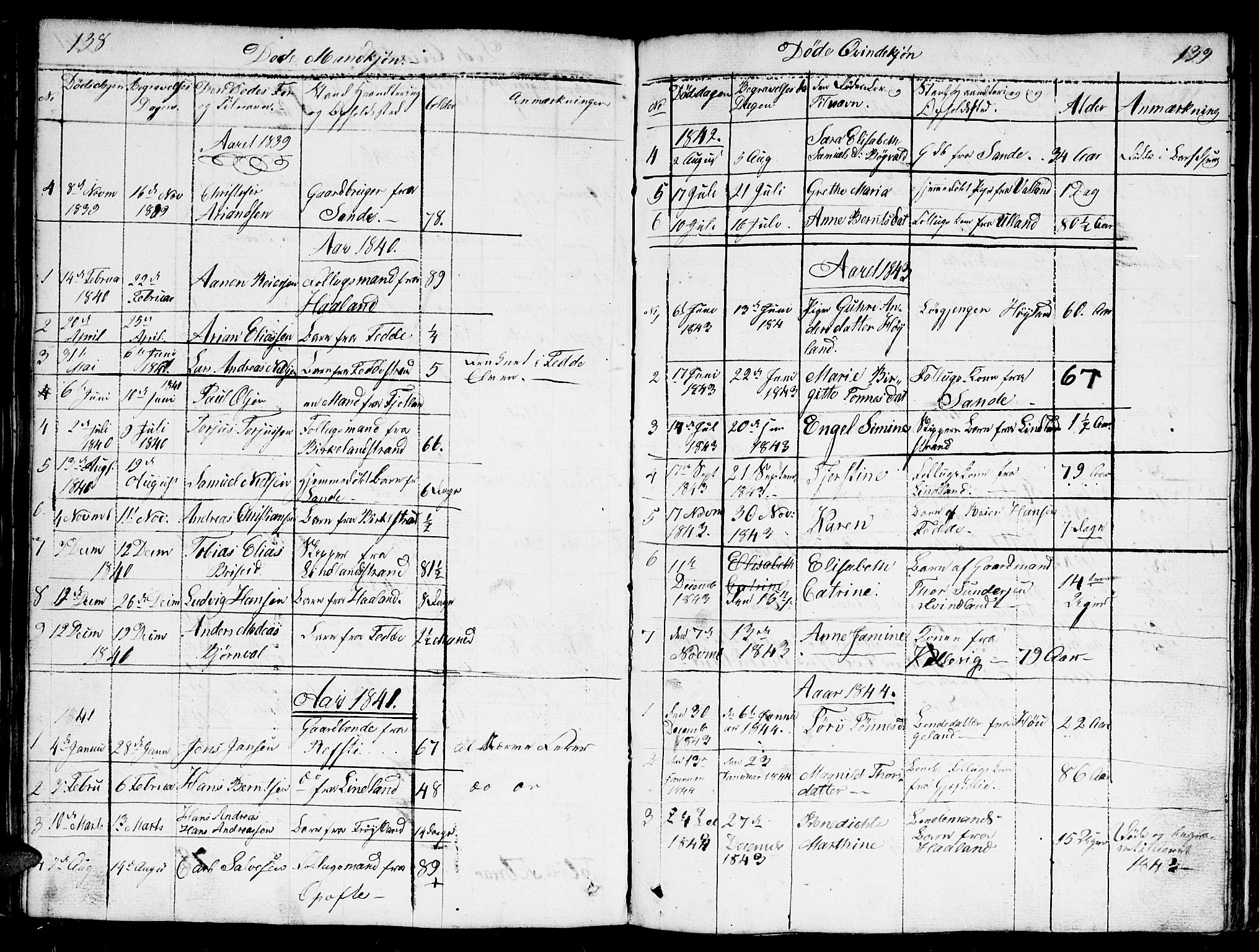 Kvinesdal sokneprestkontor, SAK/1111-0026/F/Fb/Fba/L0002: Parish register (copy) no. B 2, 1838-1858, p. 138-139