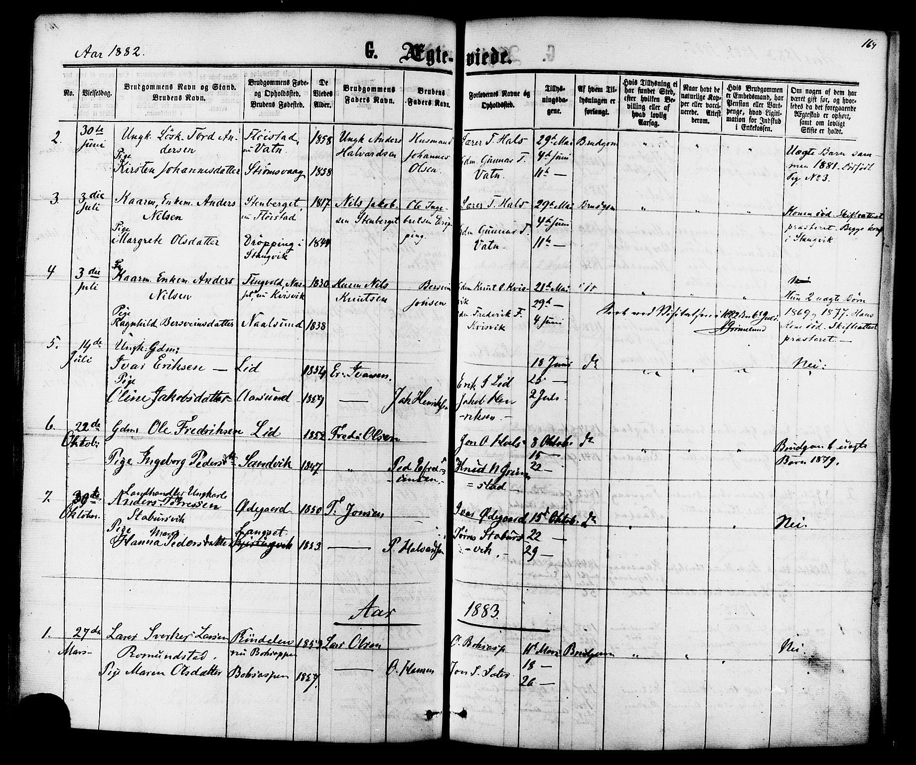 Ministerialprotokoller, klokkerbøker og fødselsregistre - Møre og Romsdal, AV/SAT-A-1454/587/L0999: Parish register (official) no. 587A01, 1864-1886, p. 164